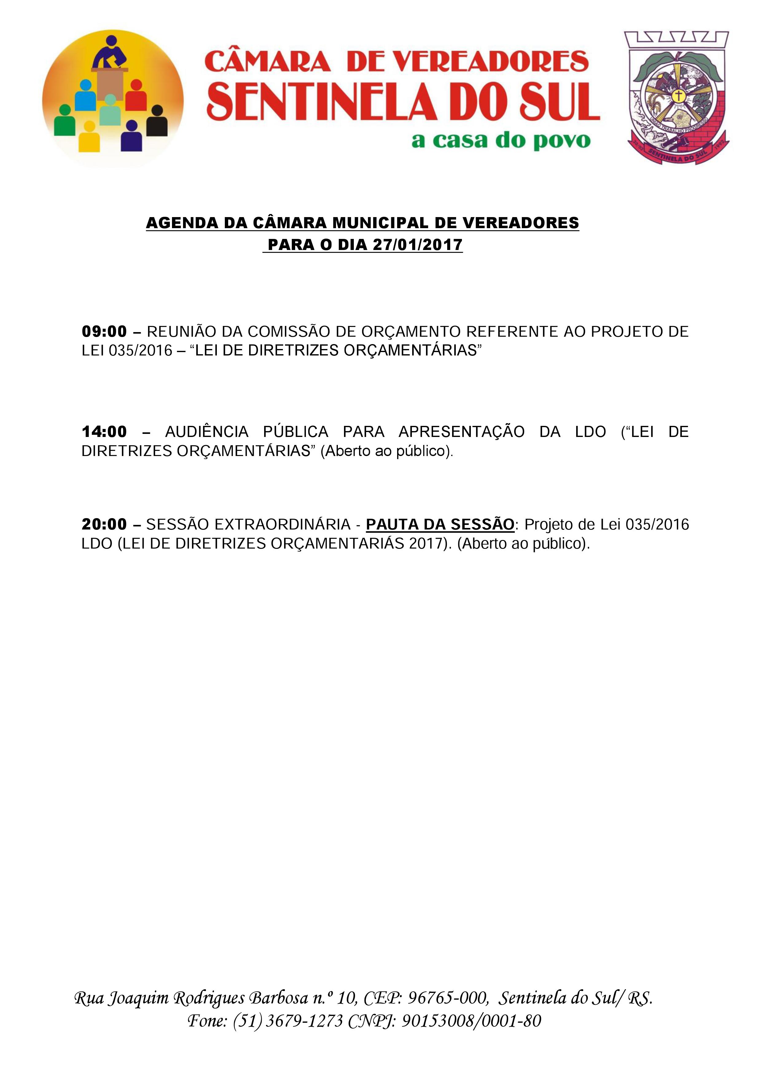 Agenda da Câmara Municipal de Vereadores para o dia 27/01/2017