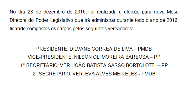 ELEIÇÃO MESA DIRETORA PODER LEGISLATIVO ANO DE 2016