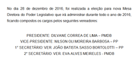 ELEIÇÃO MESA DIRETORA PODER LEGISLATIVO ANO DE 2016