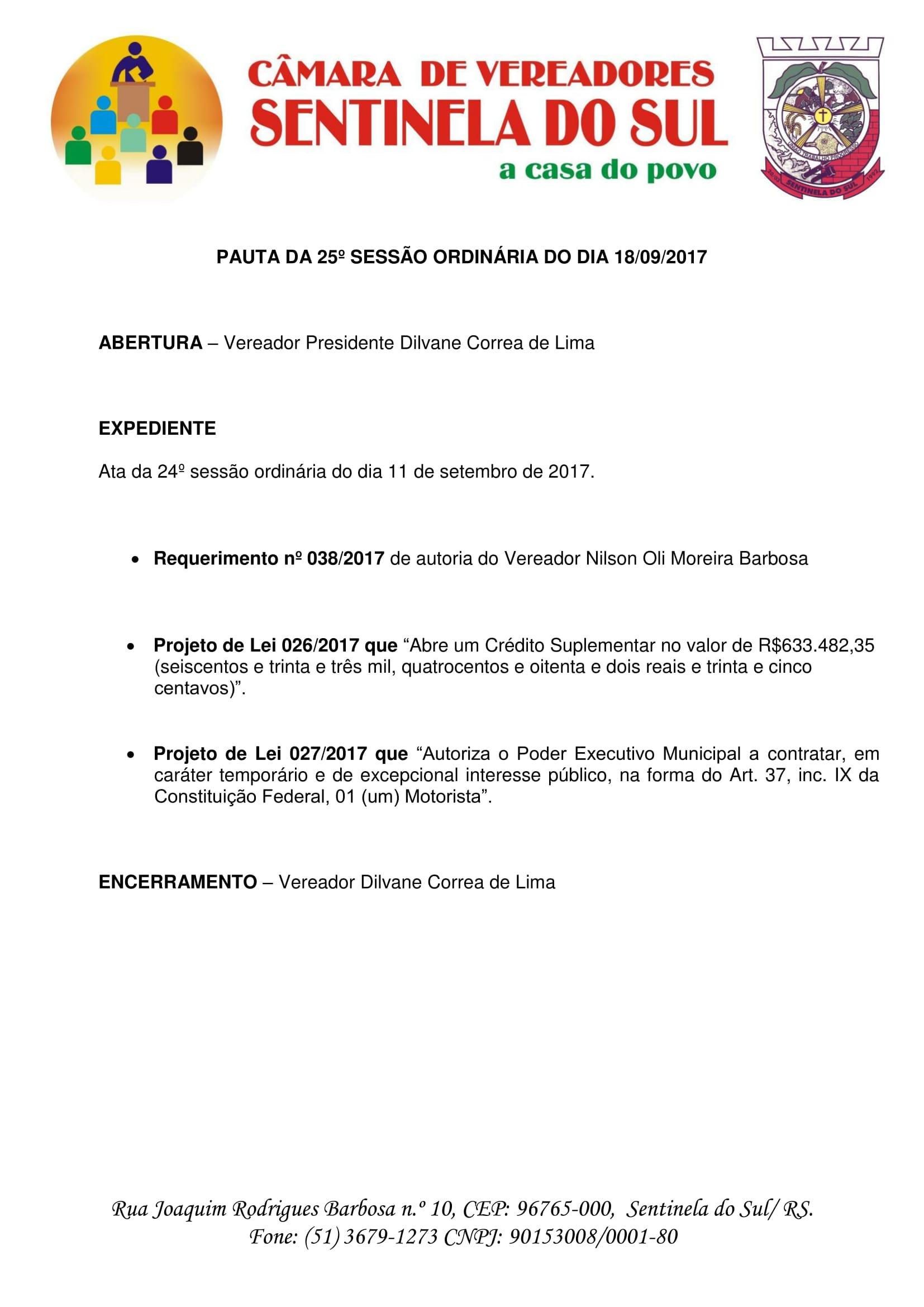 Pauta 25º Sessão Ordinária do dia 18 de setembro de 2017