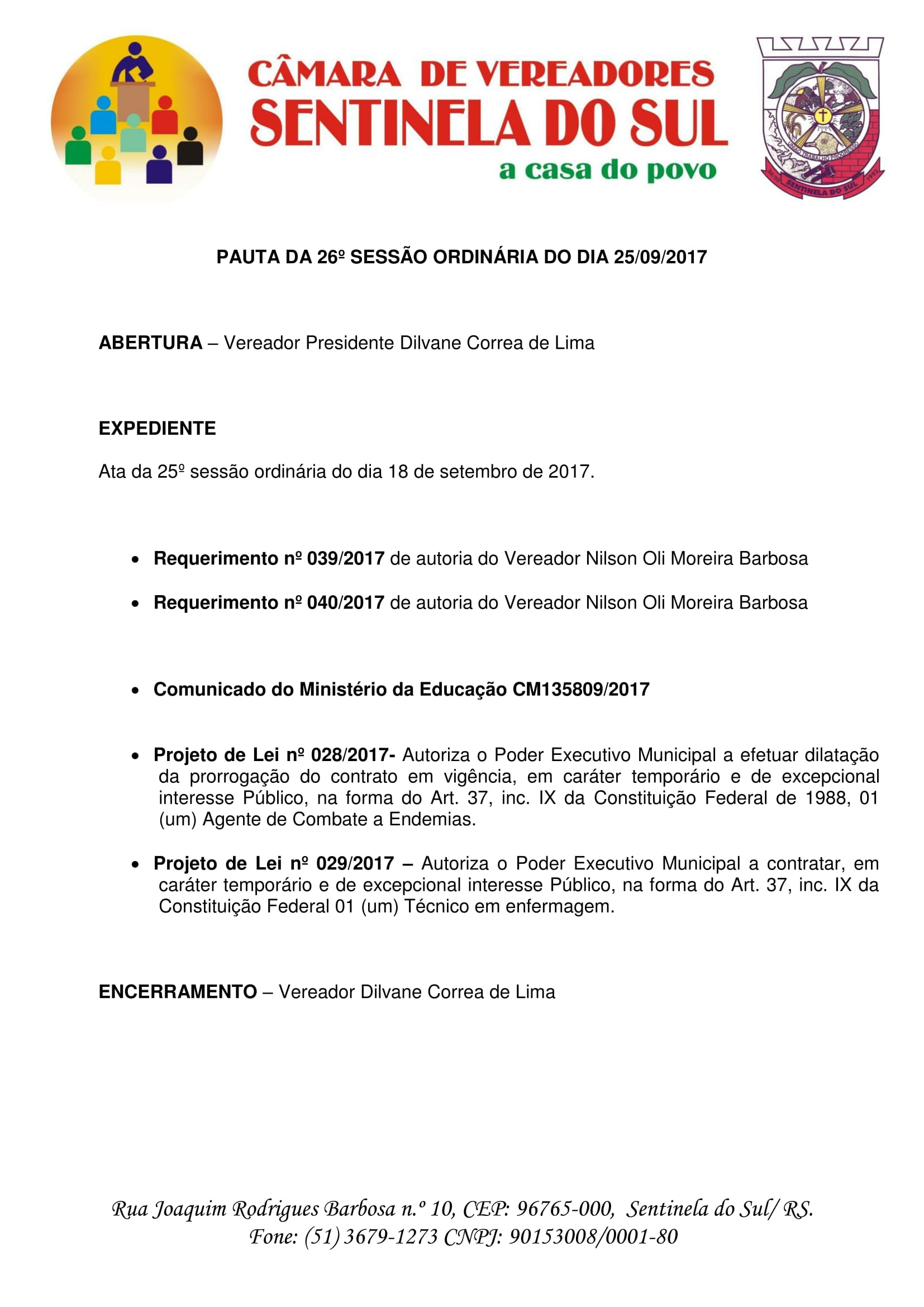 Pauta 26º Sessão Ordinária do dia 25 de setembro de 2017