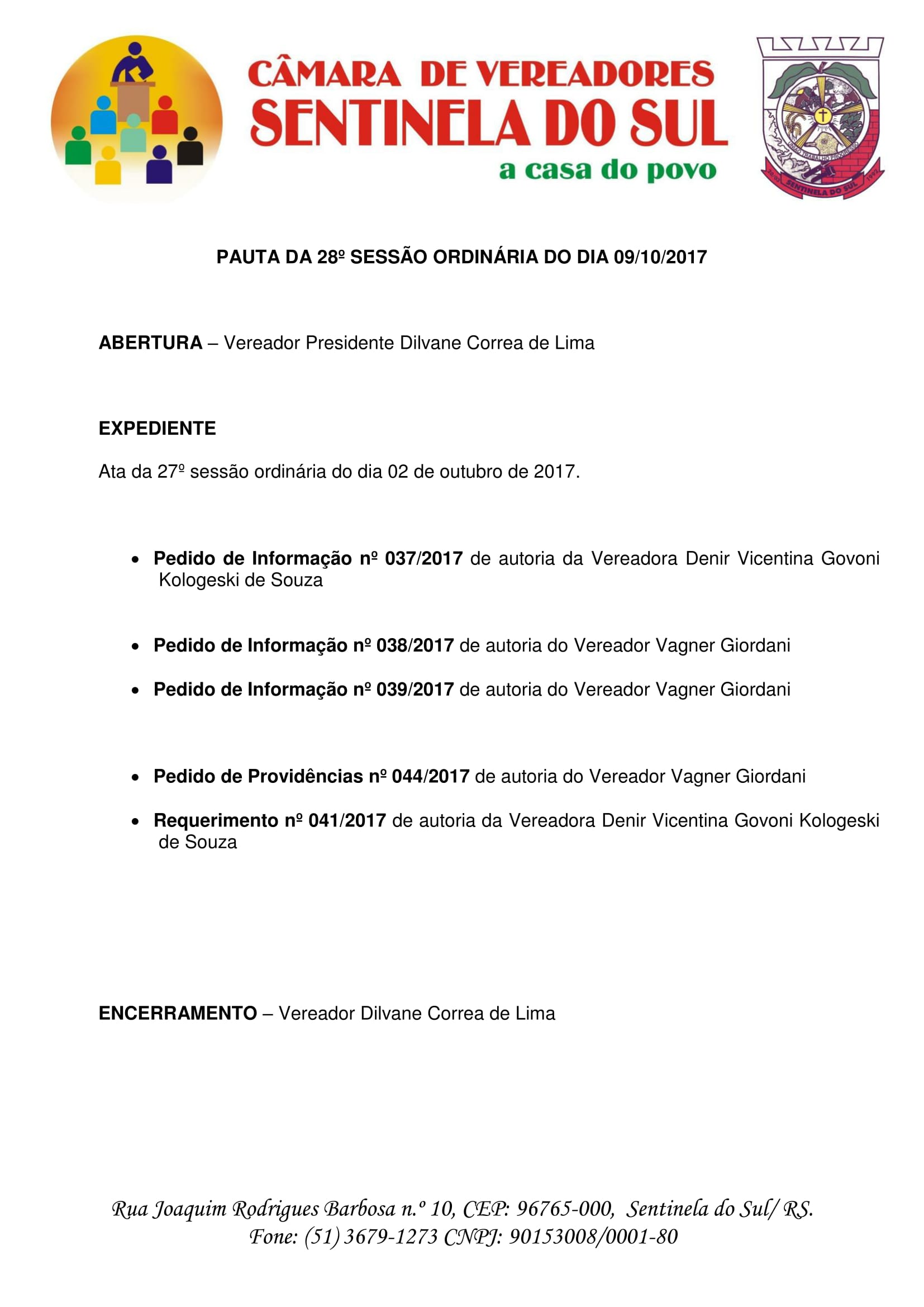 Pauta 28º Sessão Ordinária do dia 09 de outubro de 2017