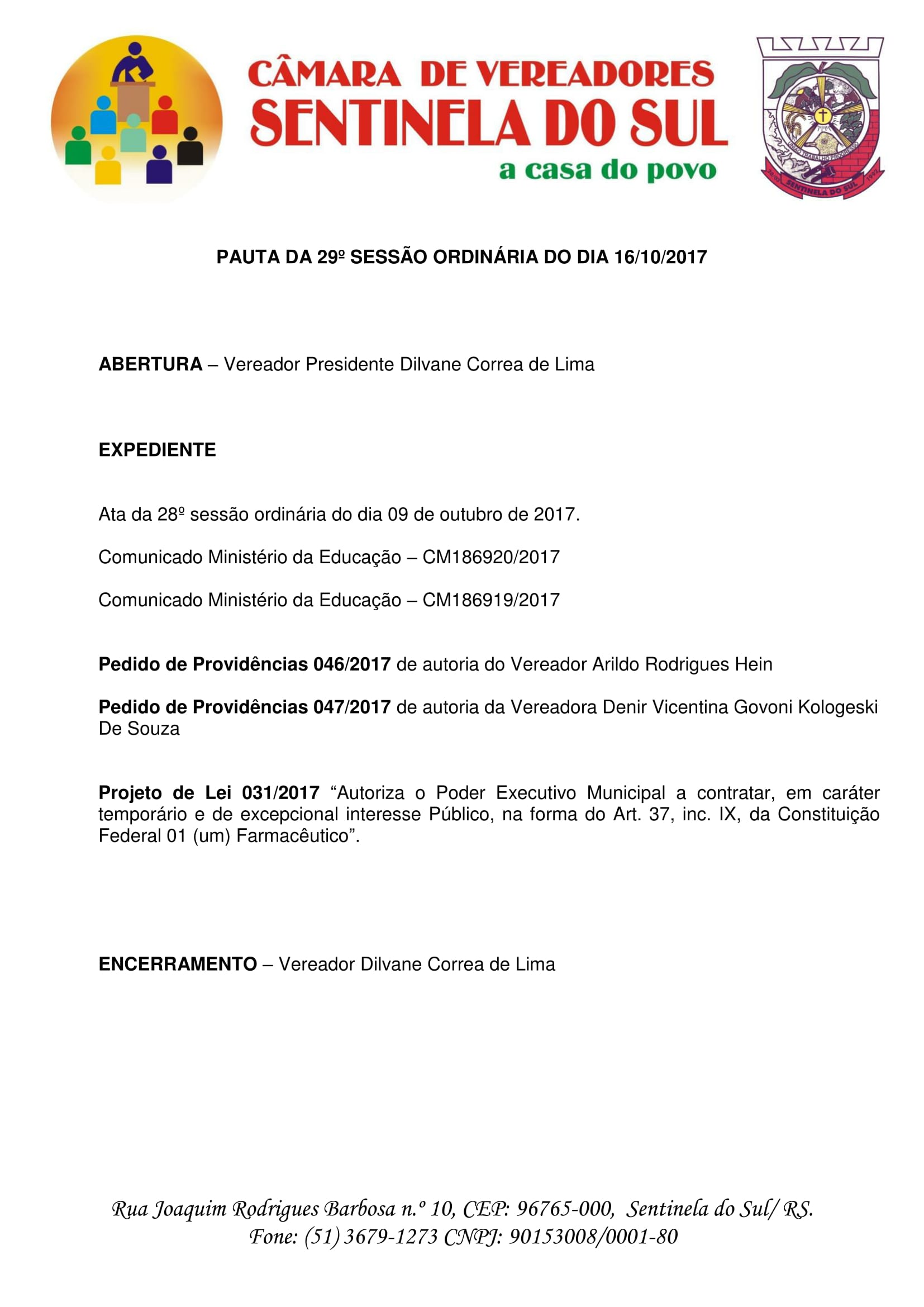 Pauta 29º Sessão Ordinária do dia 16 de outubro de 2017