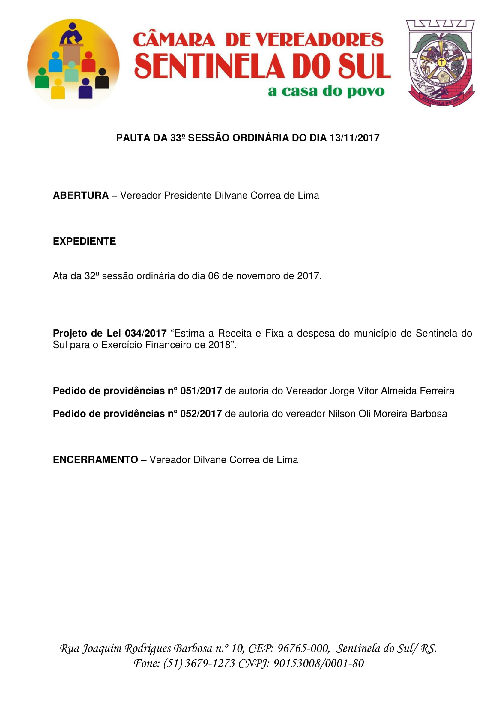 Pauta 33º Sessão Ordinária do dia 13 de novembro de 2017