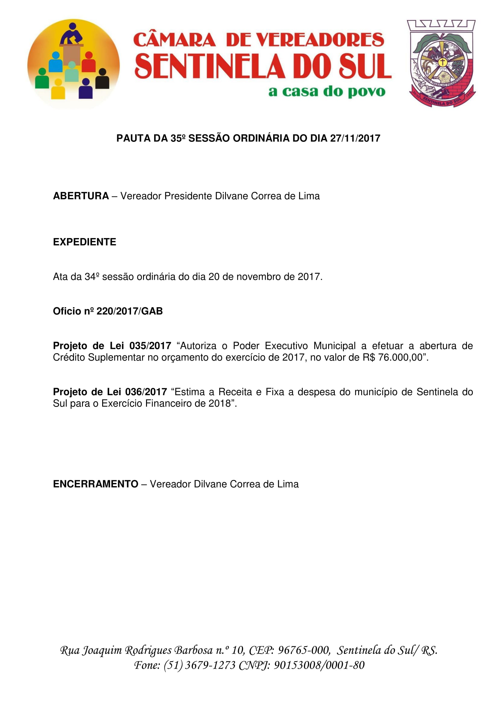 Pauta 35º Sessão Ordinária do dia 27 de novembro de 2017