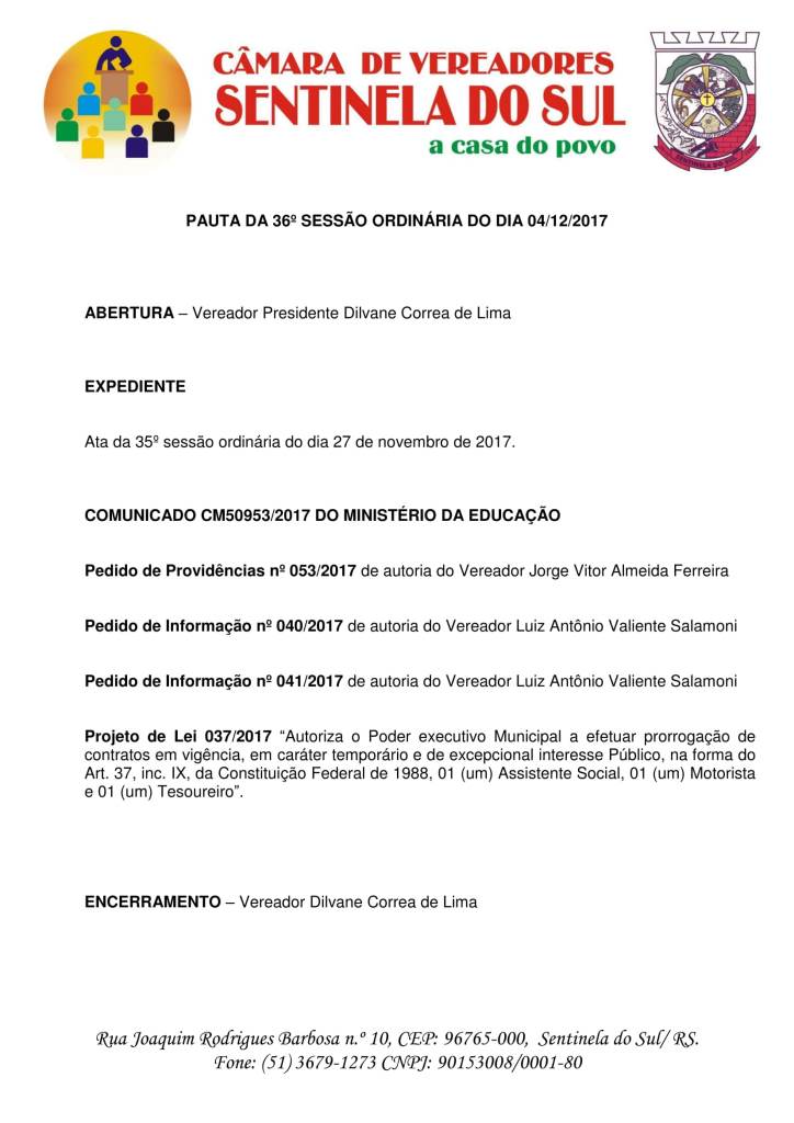 Pauta 36º Sessão Ordinária do dia 04 de dezembro de 2017