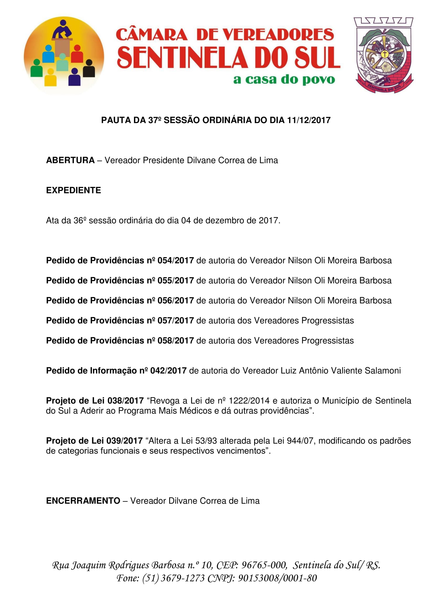 Pauta 37º Sessão Ordinária do dia 11 de dezembro de 2017