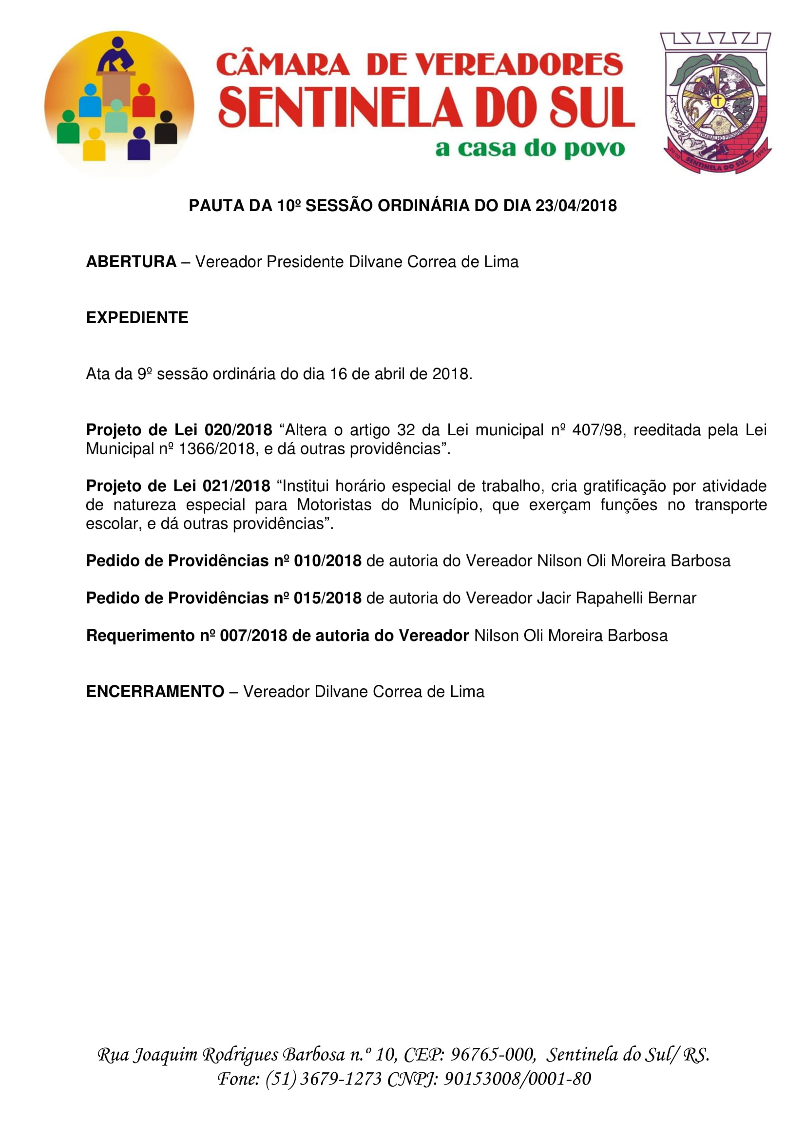 Pauta da 10° sessão ordinária do dia 23 de abril de 2018