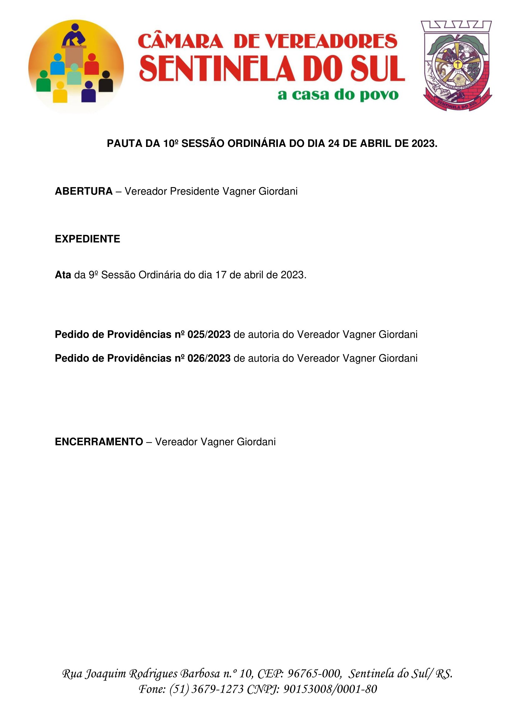 Pauta da 10º Sessão Ordinária do dia 24 de abril de 2023