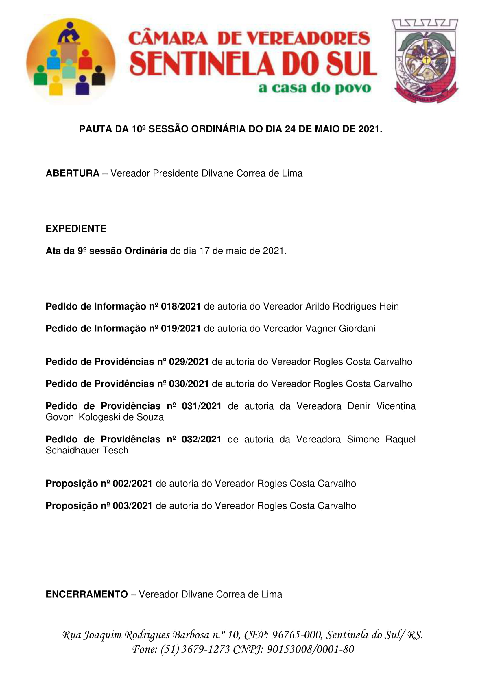 Pauta da 10º Sessão Ordinária do dia 24 de maio de 2021.