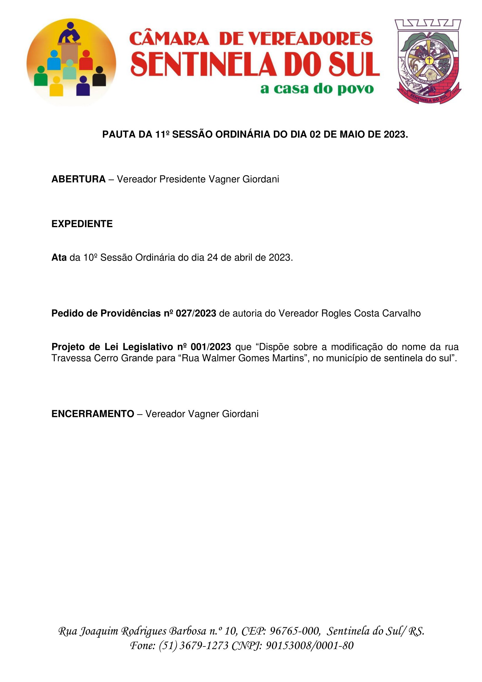 Pauta da 11º Sessão Ordinária do dia 02 de maio de 2023