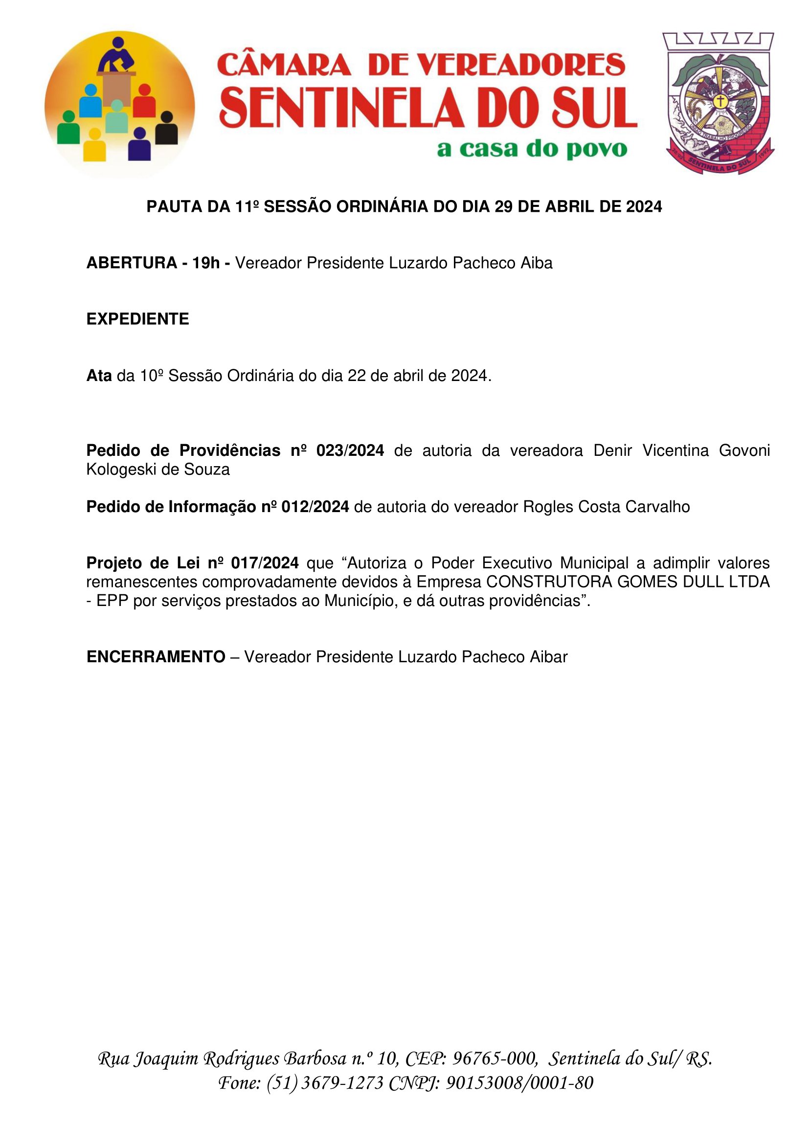 Pauta da 11º Sessão Ordinária do dia 29 de abril de 2024