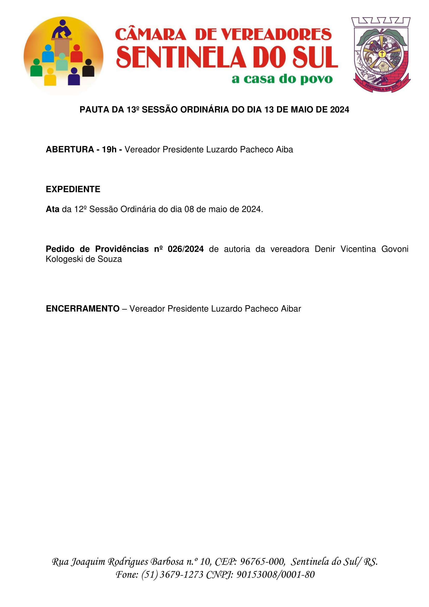Pauta da 13º Sessão Ordinária do dia 13 de maio de 2024