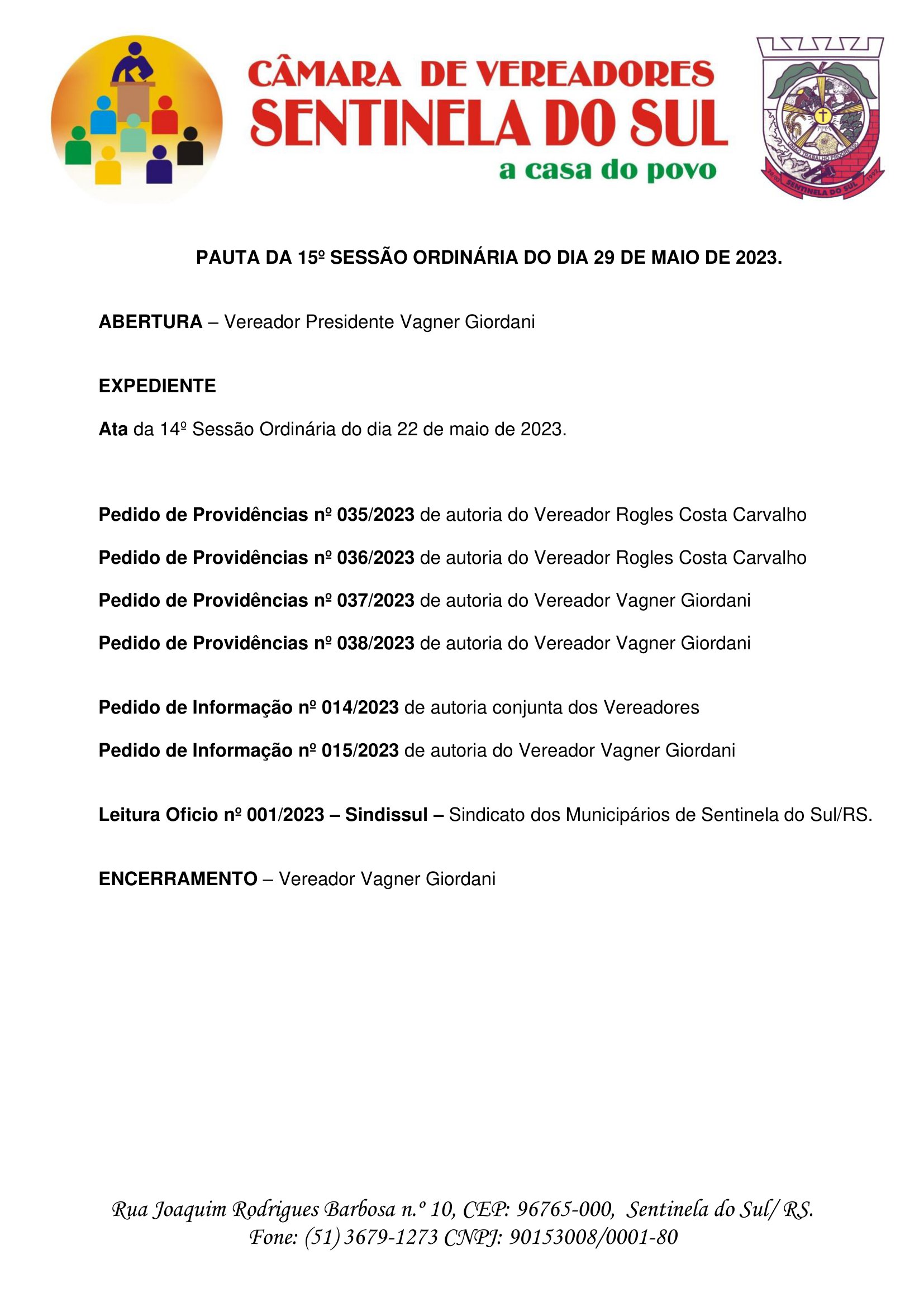 Pauta da 15º Sessão Ordinária do dia 29 de maio de 2023