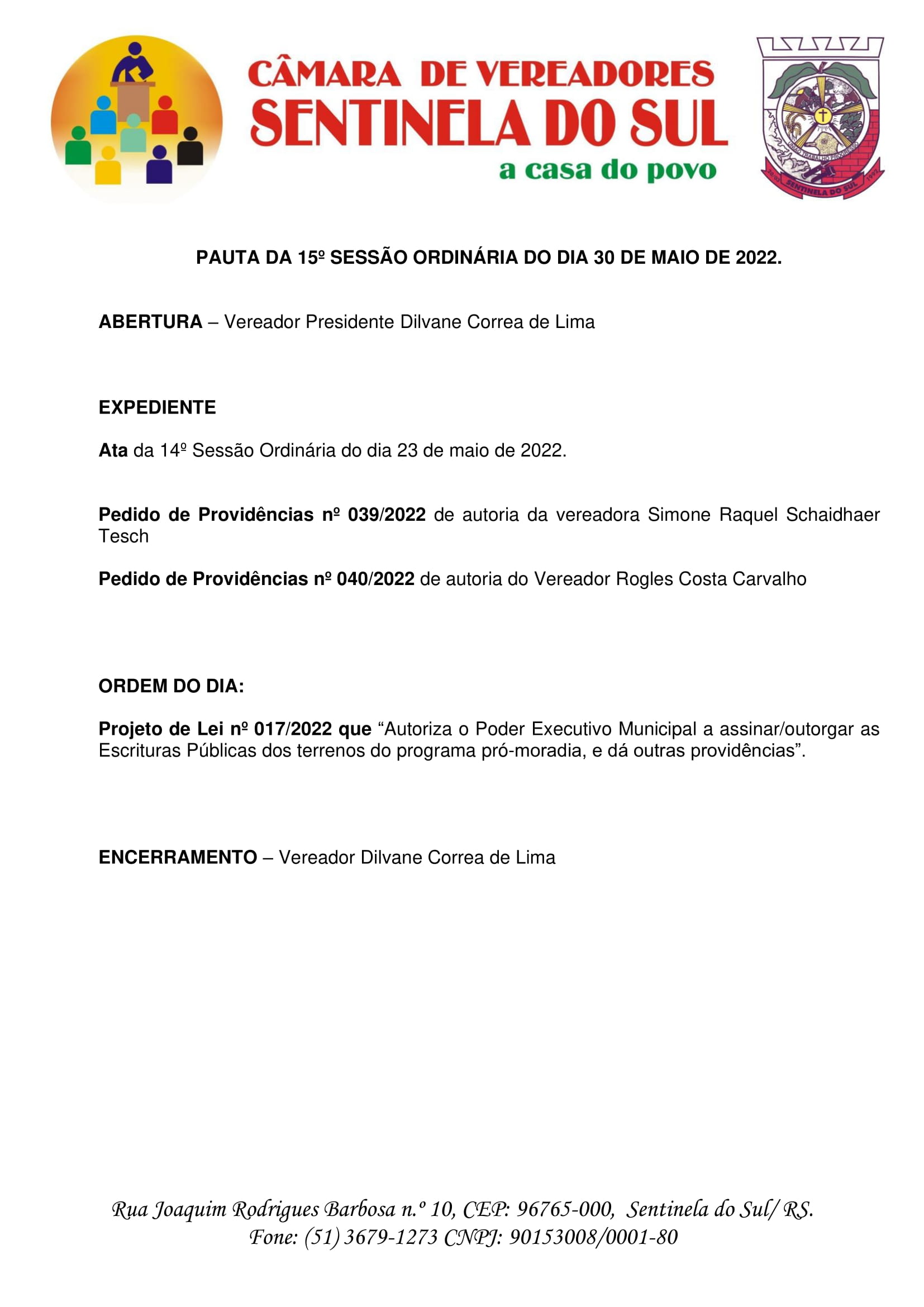 Pauta da 15º Sessão Ordinária do dia 30 de maio de 2022