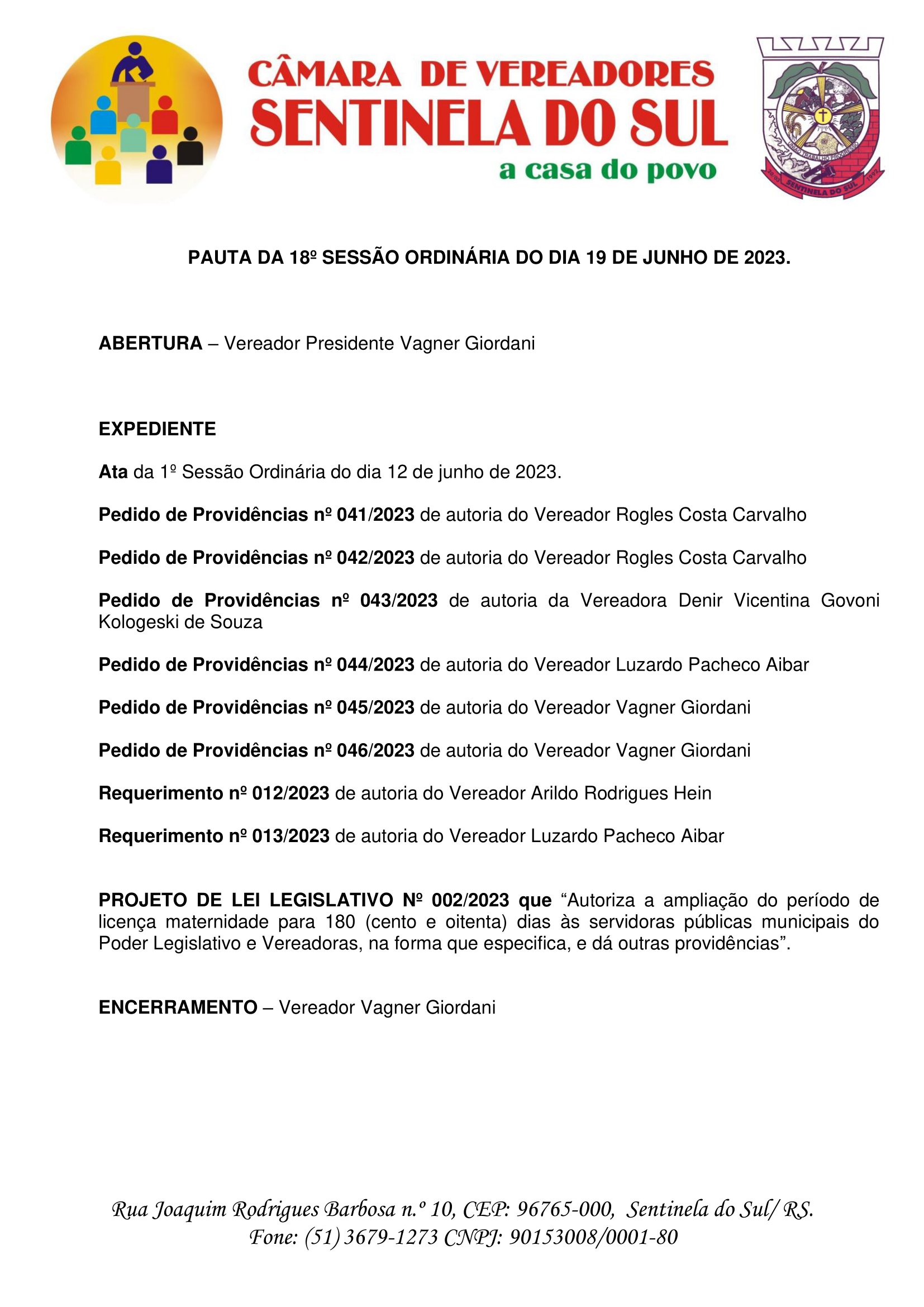 Pauta da 18º Sessão Ordinária do dia 19 de junho de 2023