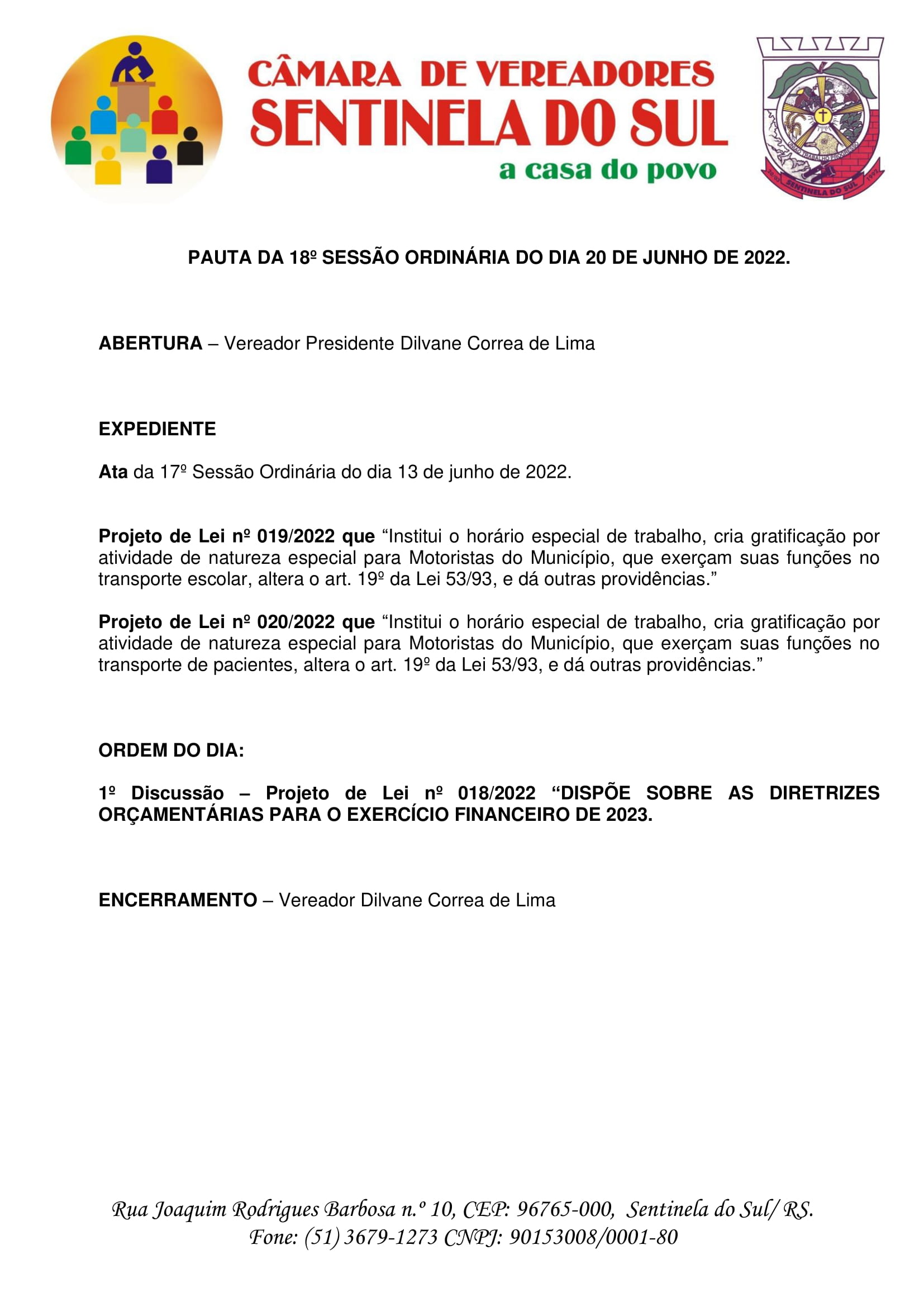 Pauta da 18º Sessão Ordinária do dia 20 de junho de 2022.