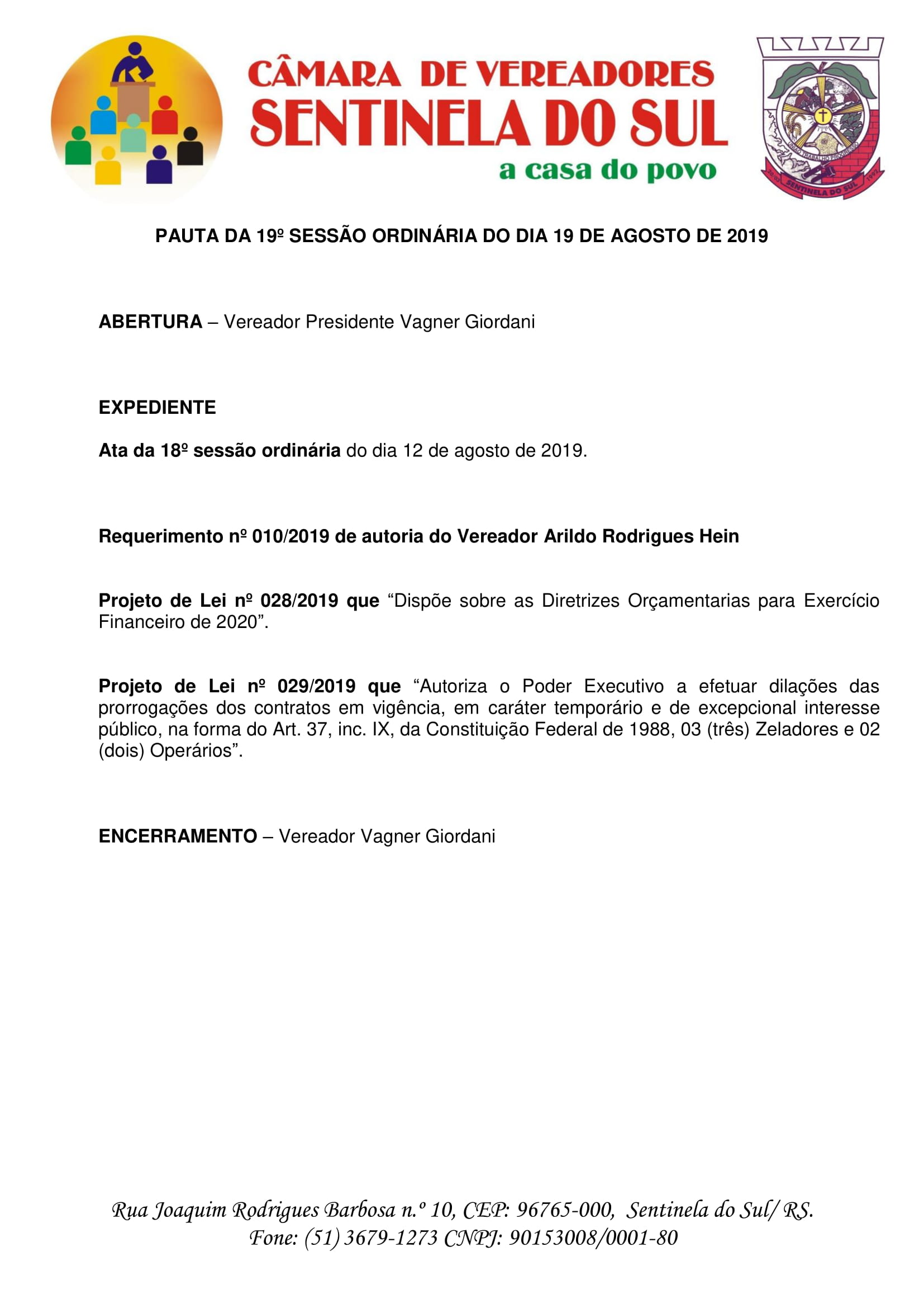 Pauta da 19º Sessão Ordinária do dia 19 de agosto de 2019