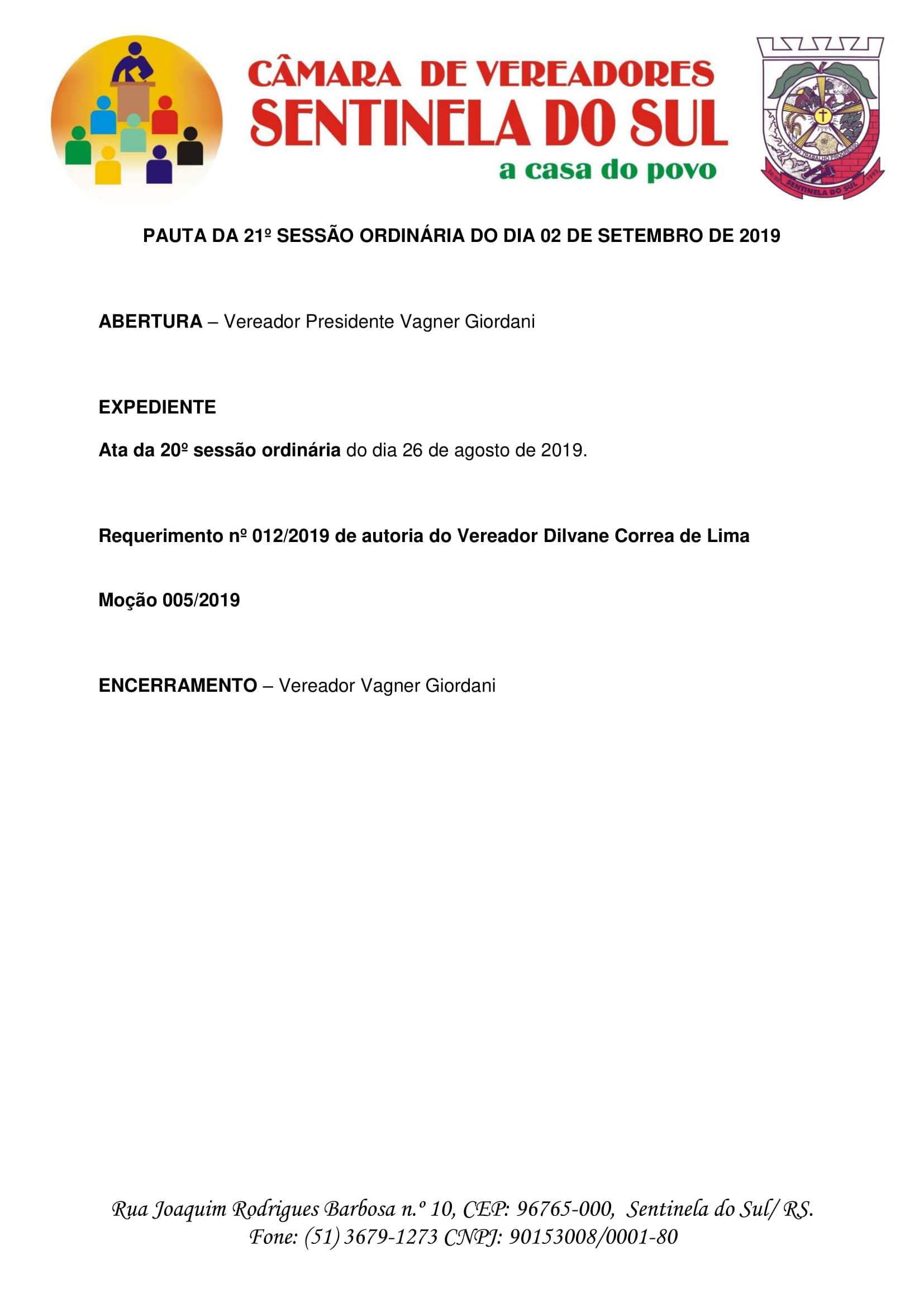 Pauta da 21º Sessão Ordinária do dia 02 de setembro de 2019