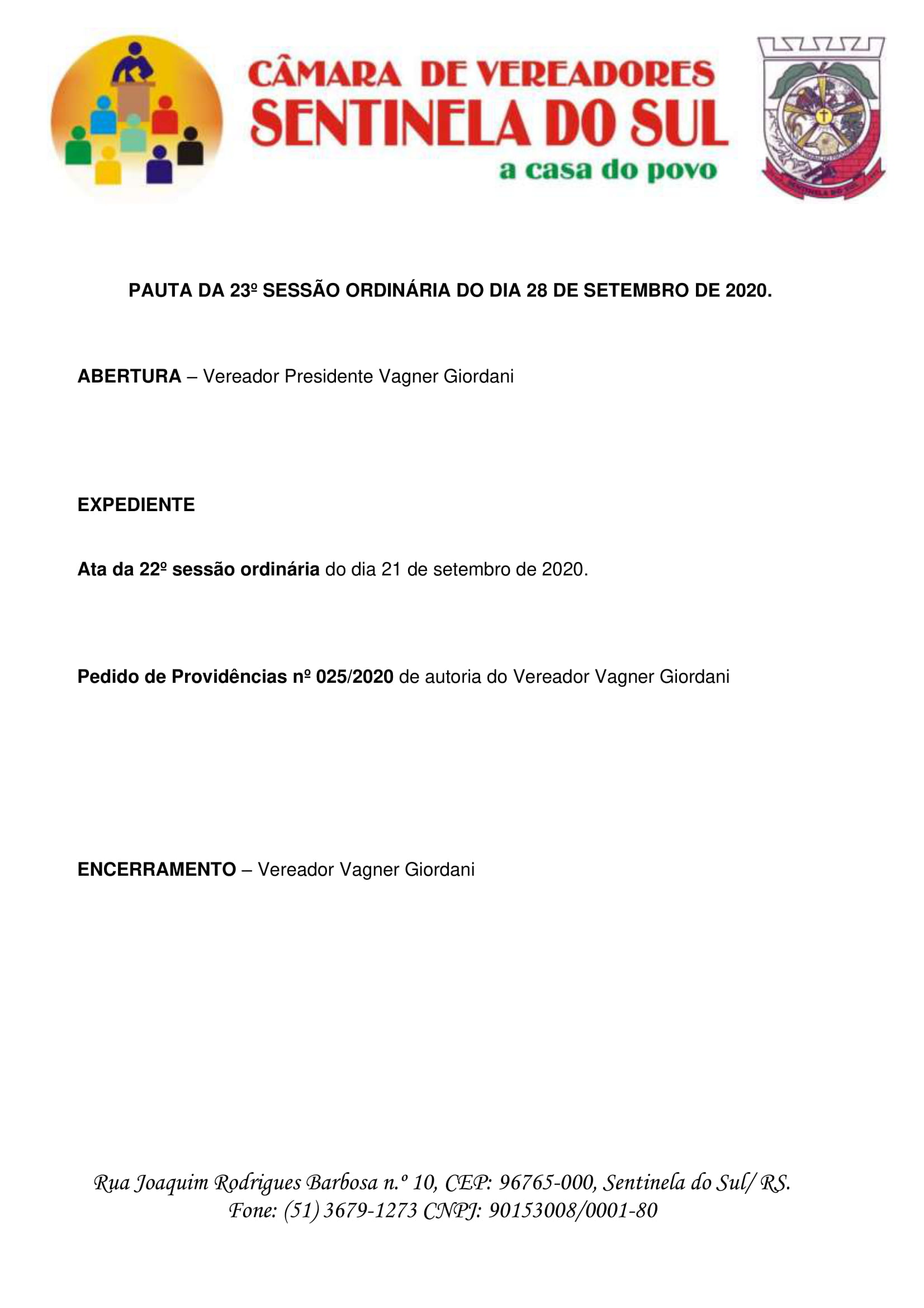 Pauta da 23º Sessão Ordinária do dia 28 de setembro de 2020