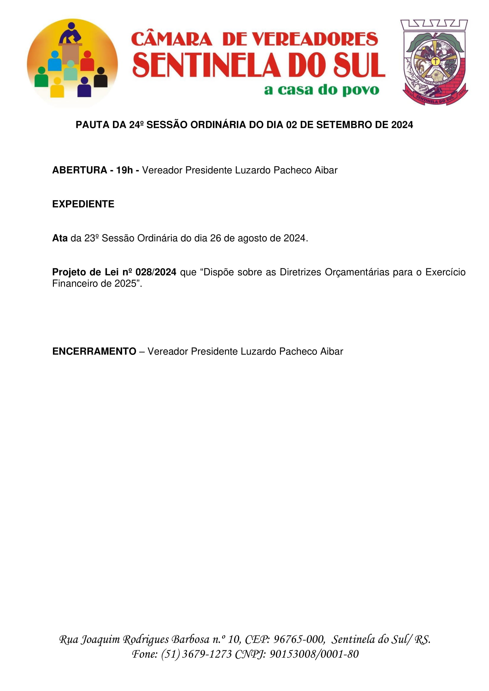 Pauta da 24º Sessão Ordinária do dia 02 de Setembro de 2024