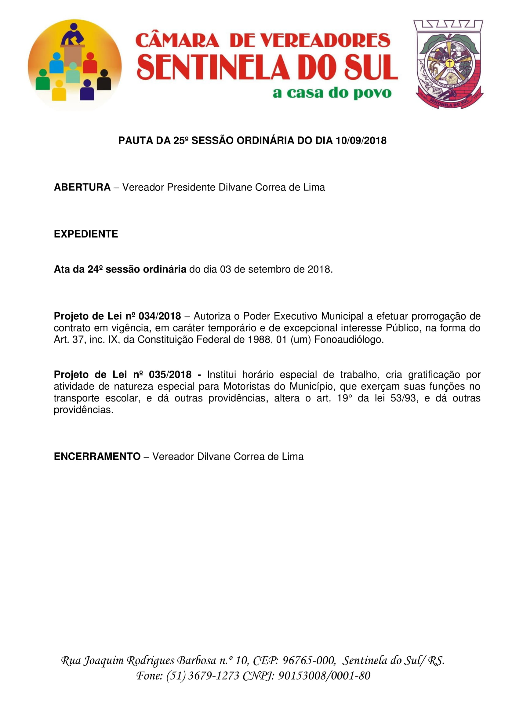 Pauta da 25° sessão ordinária do dia 10 de setembro de 2018