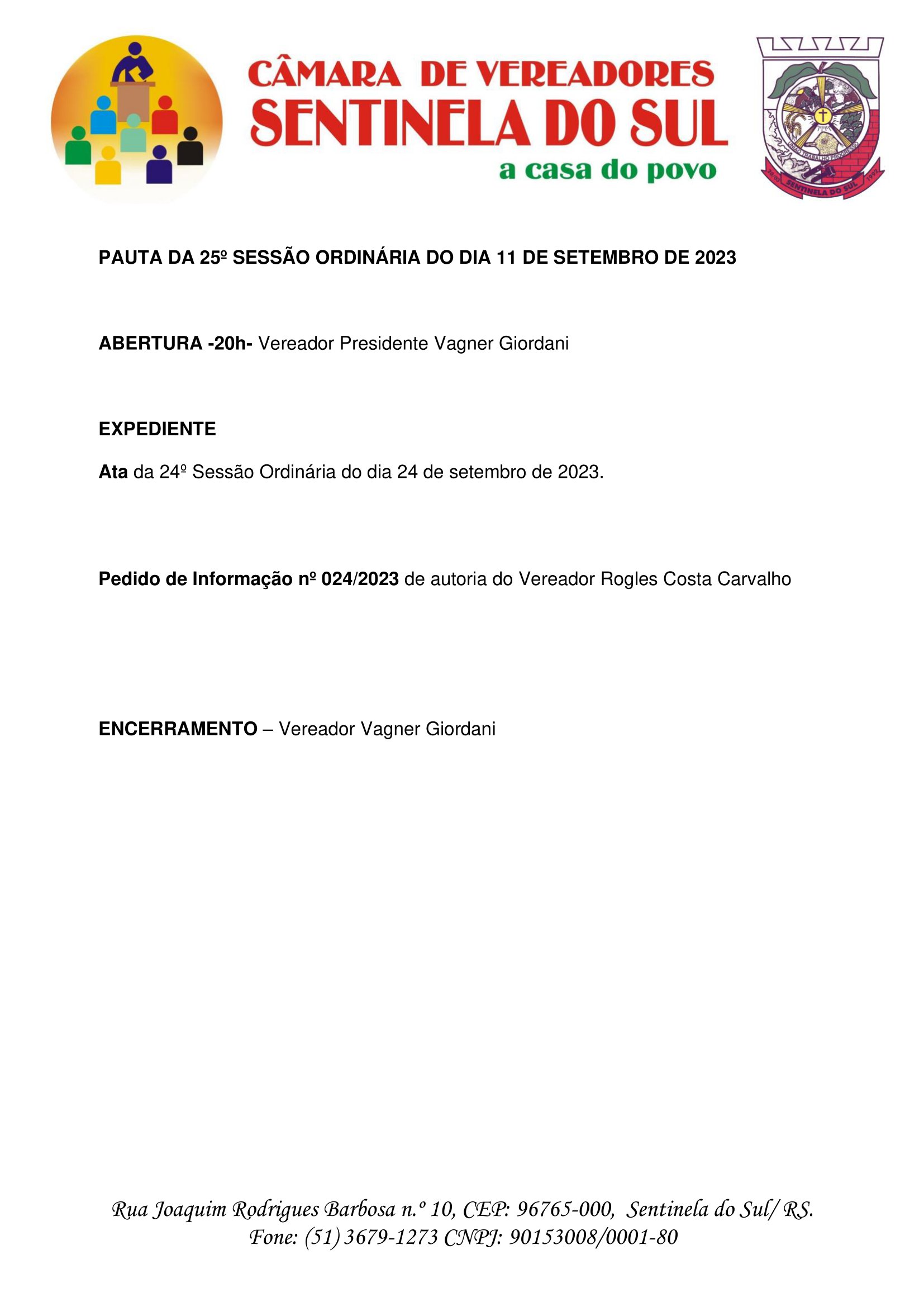 Pauta da 25º Sessão Ordinária do dia 11 de setembro de 2023