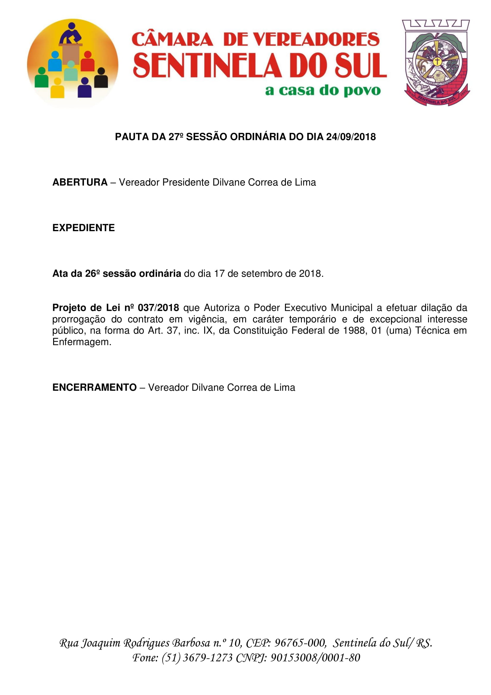 Pauta da 27° sessão ordinária do dia 24 de setembro de 2018