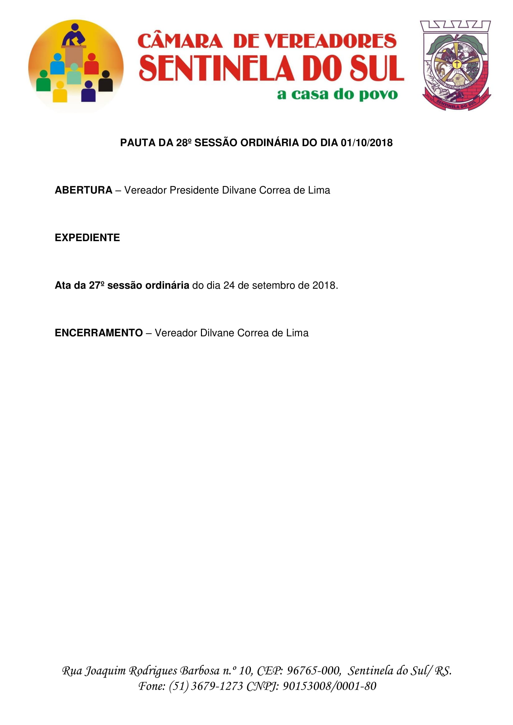 Pauta da 28° sessão ordinária do dia 01 de outubro de 2018