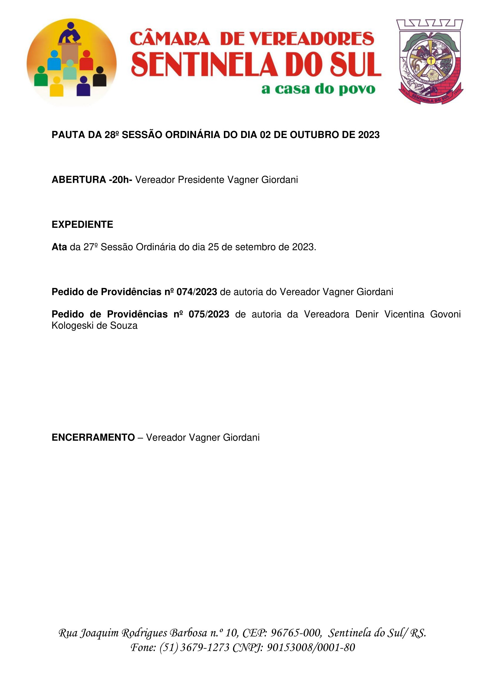 Pauta da 28º Sessão Ordinária do dia 02 de outubro de 2023