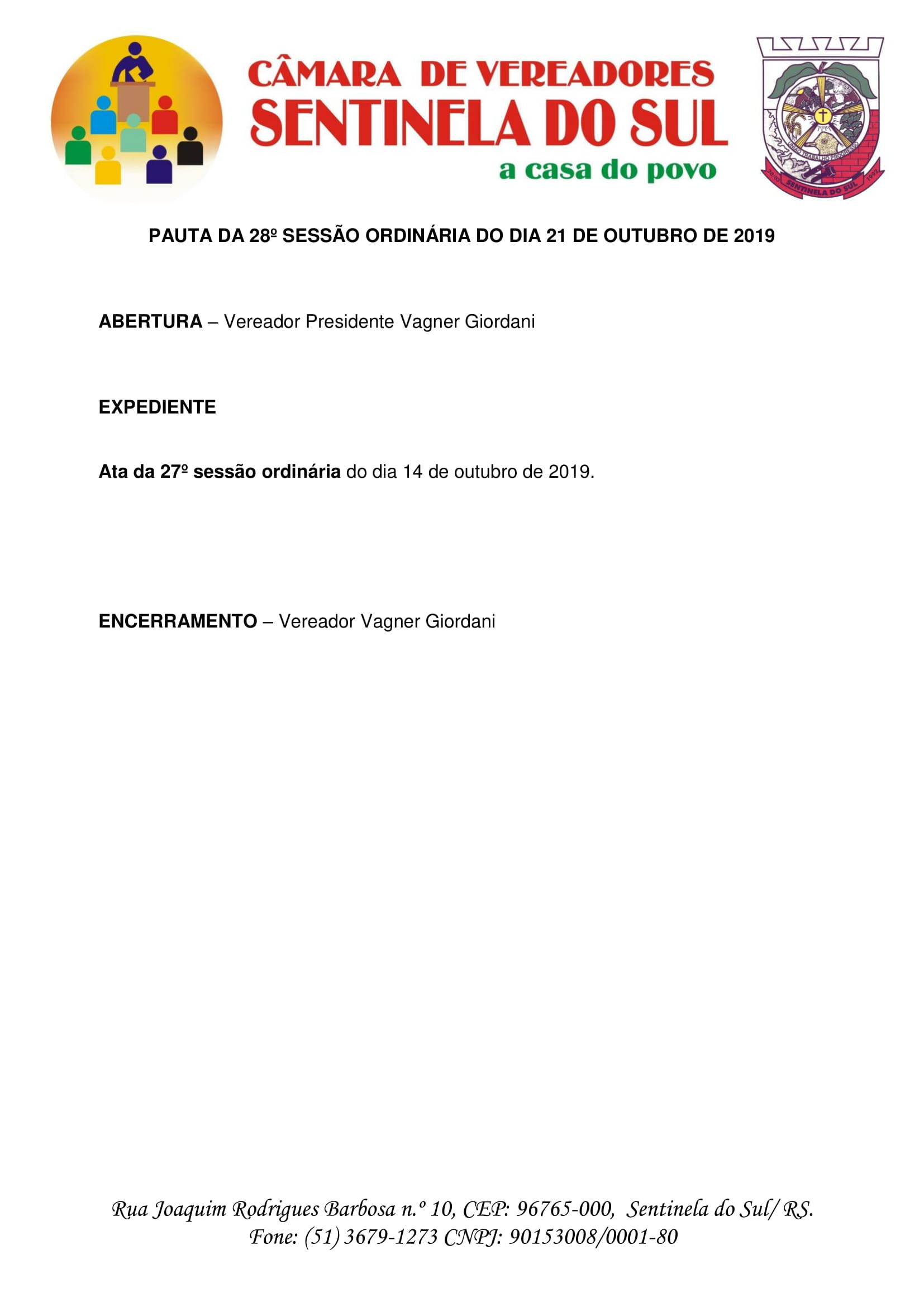 Pauta da 28º Sessão Ordinária do dia 21 de outubro de 2019