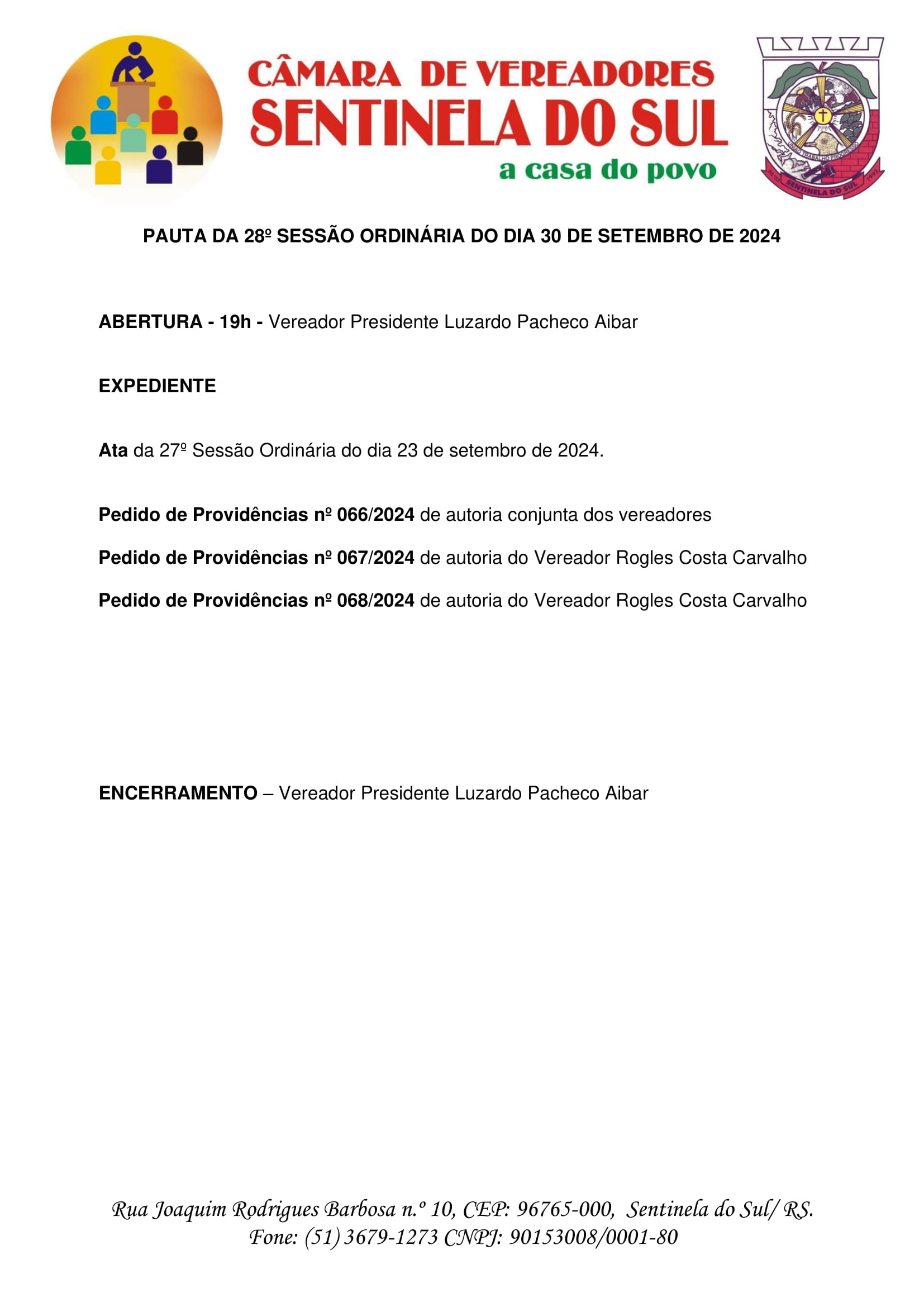 Pauta da 28º Sessão Ordinária do dia 30 de Setembro de 2024