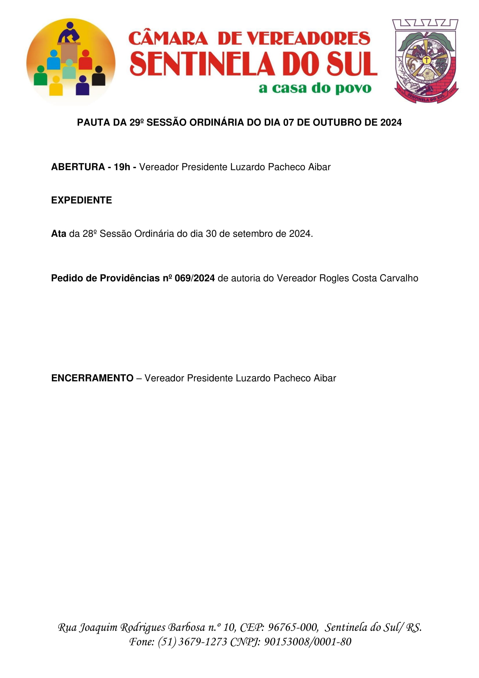 Pauta da 29º Sessão Ordinária do dia 07 de Outubro de 2024