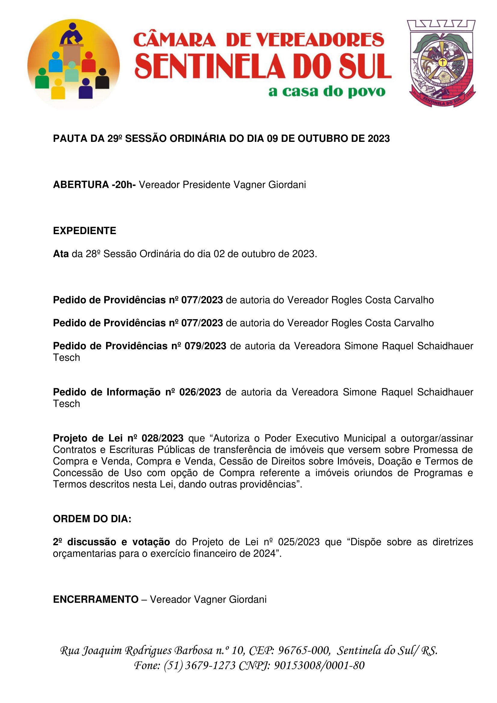 Pauta da 29º Sessão Ordinária do dia 09 de outubro de 2023