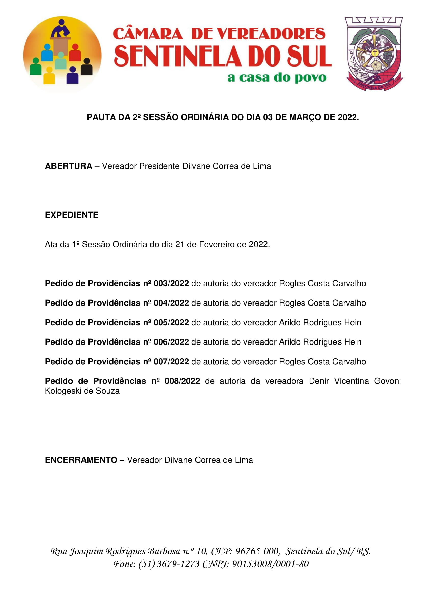 Pauta da 2º Sessão Ordinária do dia 03 de março de 2022