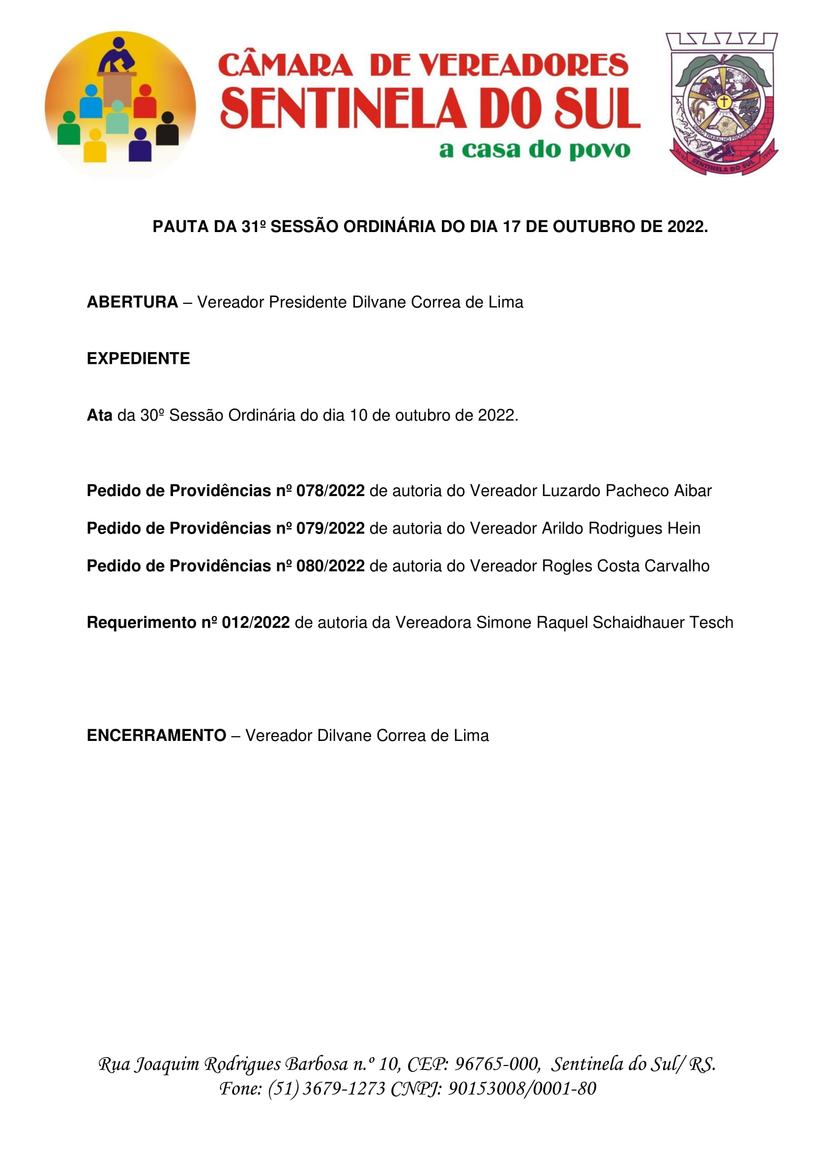 Pauta da 31º Sessão Ordinária do dia 17 de outubro de 2022