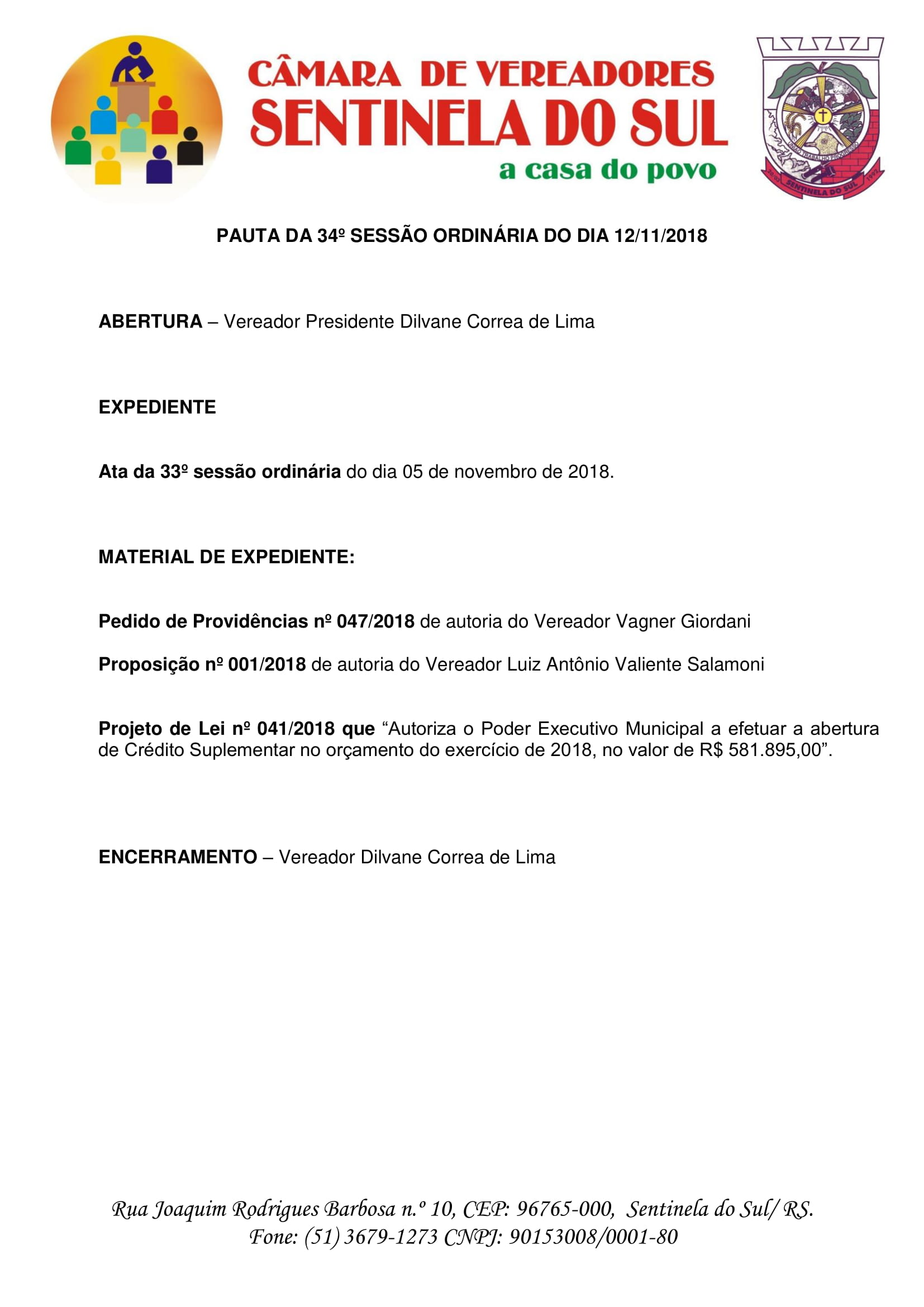 Pauta da 34° sessão ordinária do dia 12 de novembro de 2018