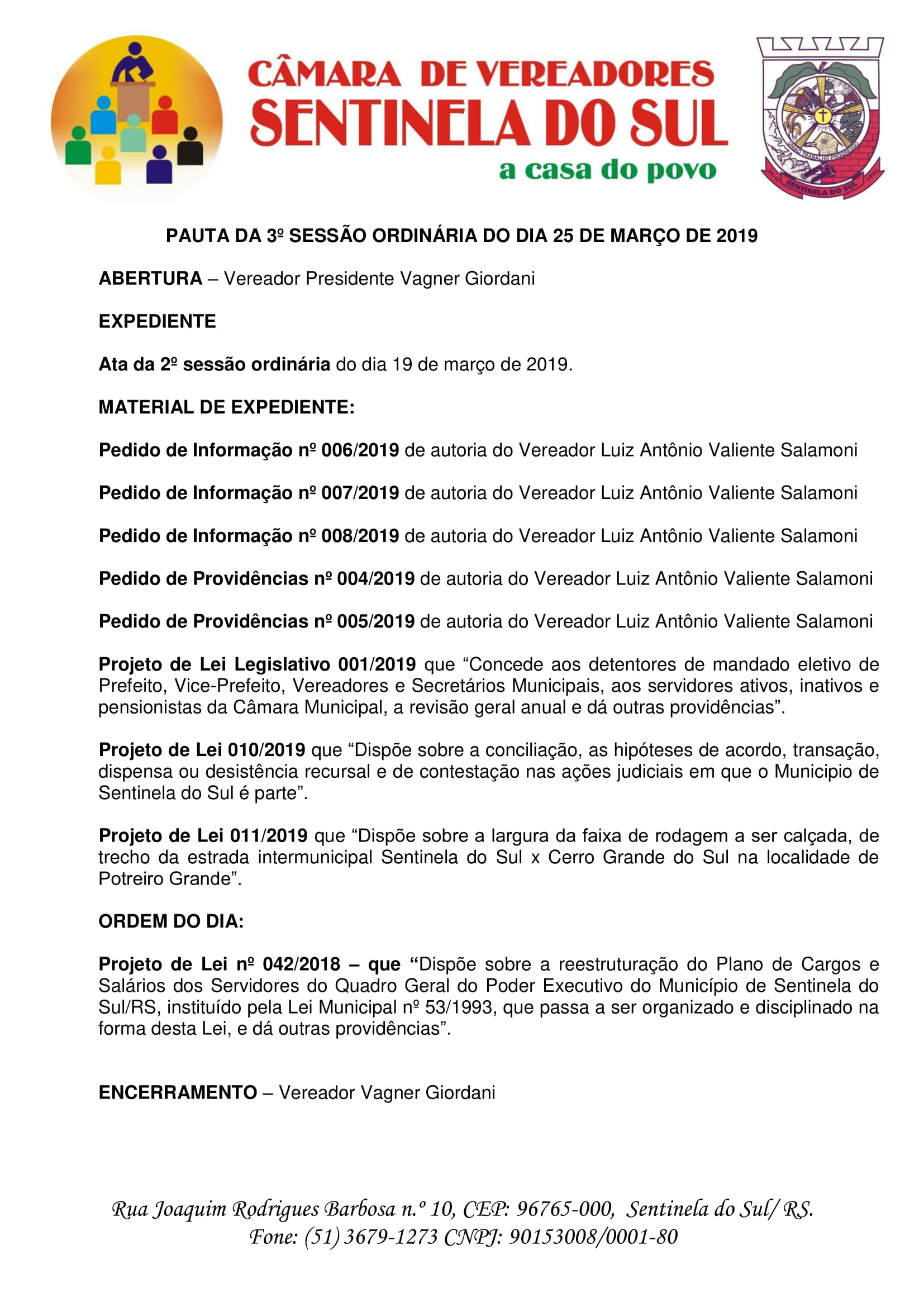 Pauta da 3º Sessão Ordinária do dia 25 de março de 2019.