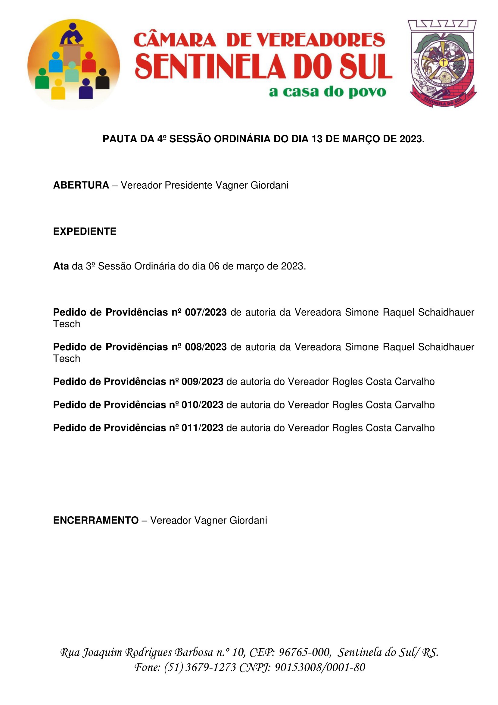 Pauta da 4º Sessão Ordinária do dia 13 de março de 2023