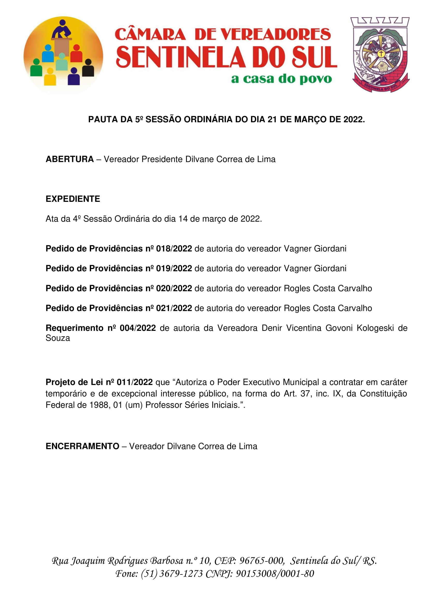 Pauta da 5º Sessão Ordinária do dia 21 de março de 2022.