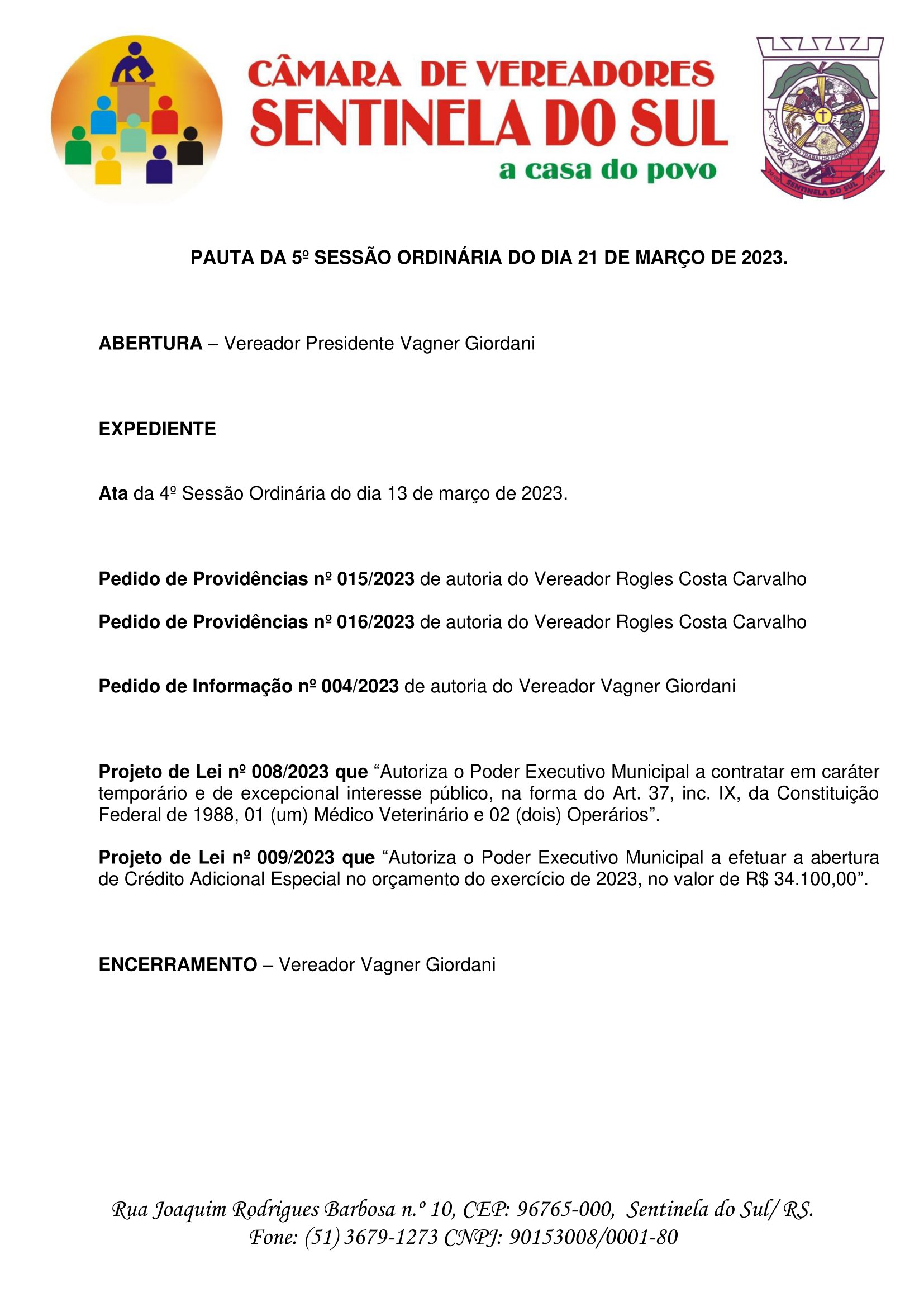 Pauta da 5º Sessão Ordinária do dia 21 de março de 2023