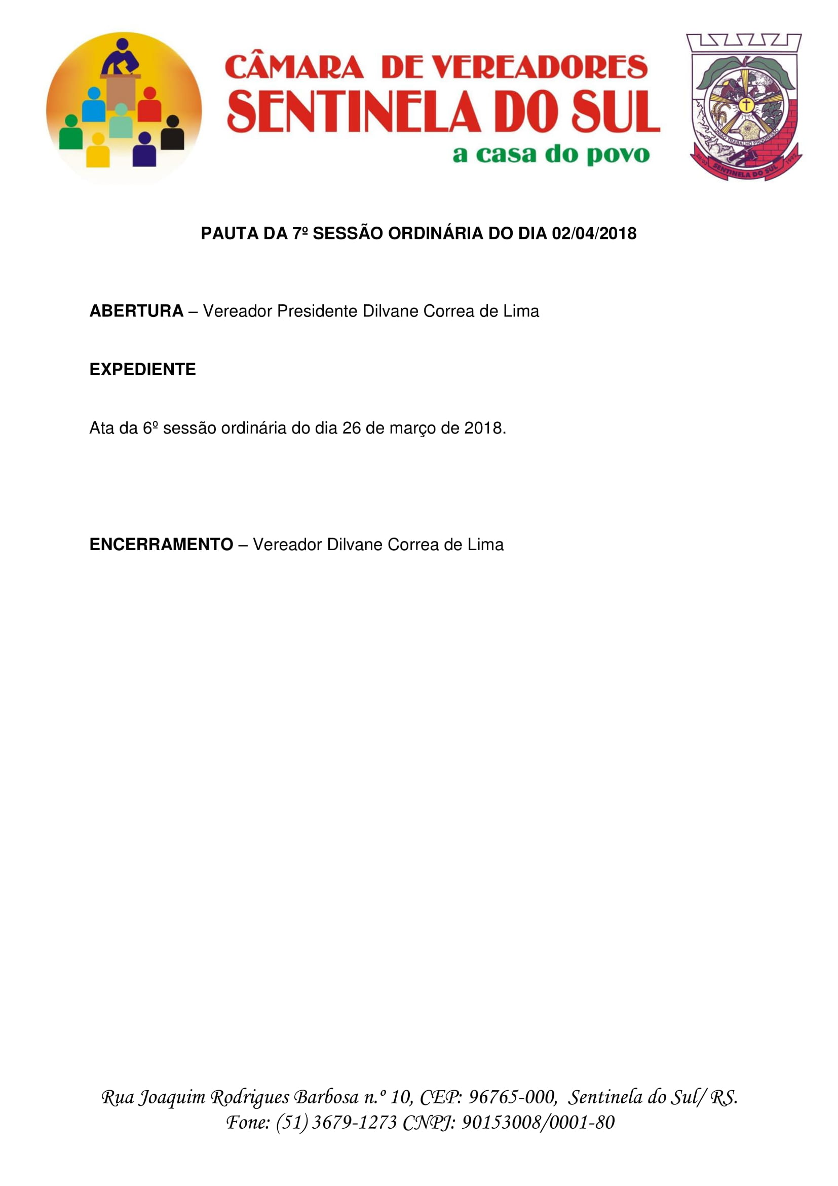 Pauta da 7° sessão ordinária do dia 02 de abril de 2018