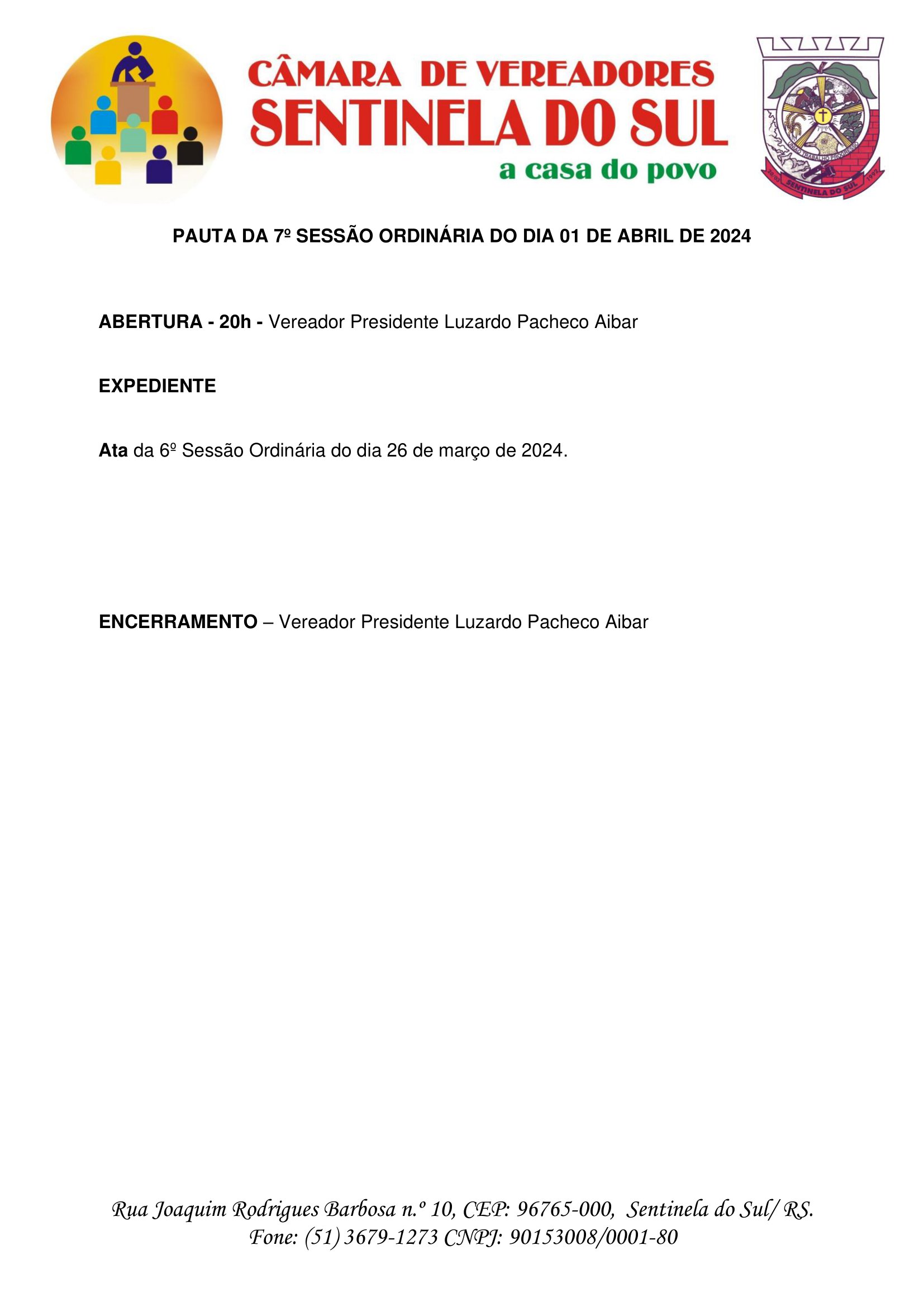 Pauta da 7º Sessão Ordinária do dia 01 de abril de 2024