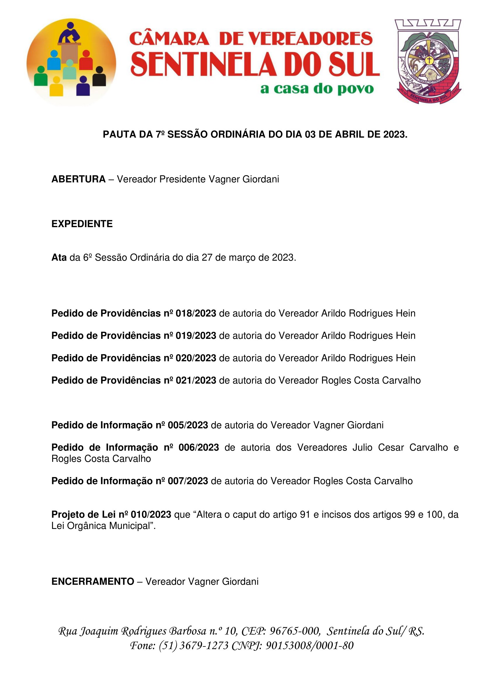 Pauta da 7º Sessão Ordinária do dia 03 de abril de 2023