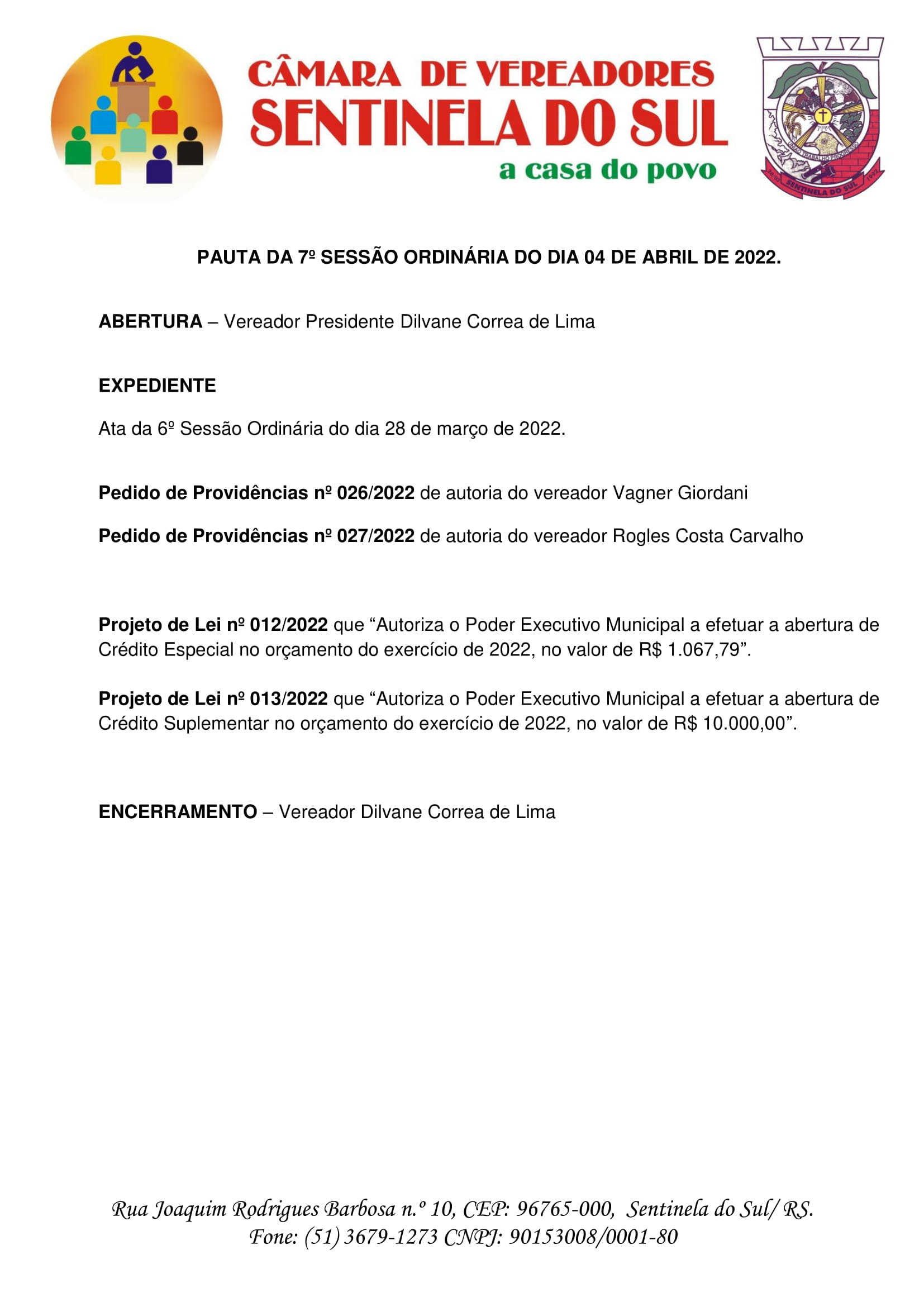 Pauta da 7º Sessão Ordinária do dia 04 de abril de 2022.