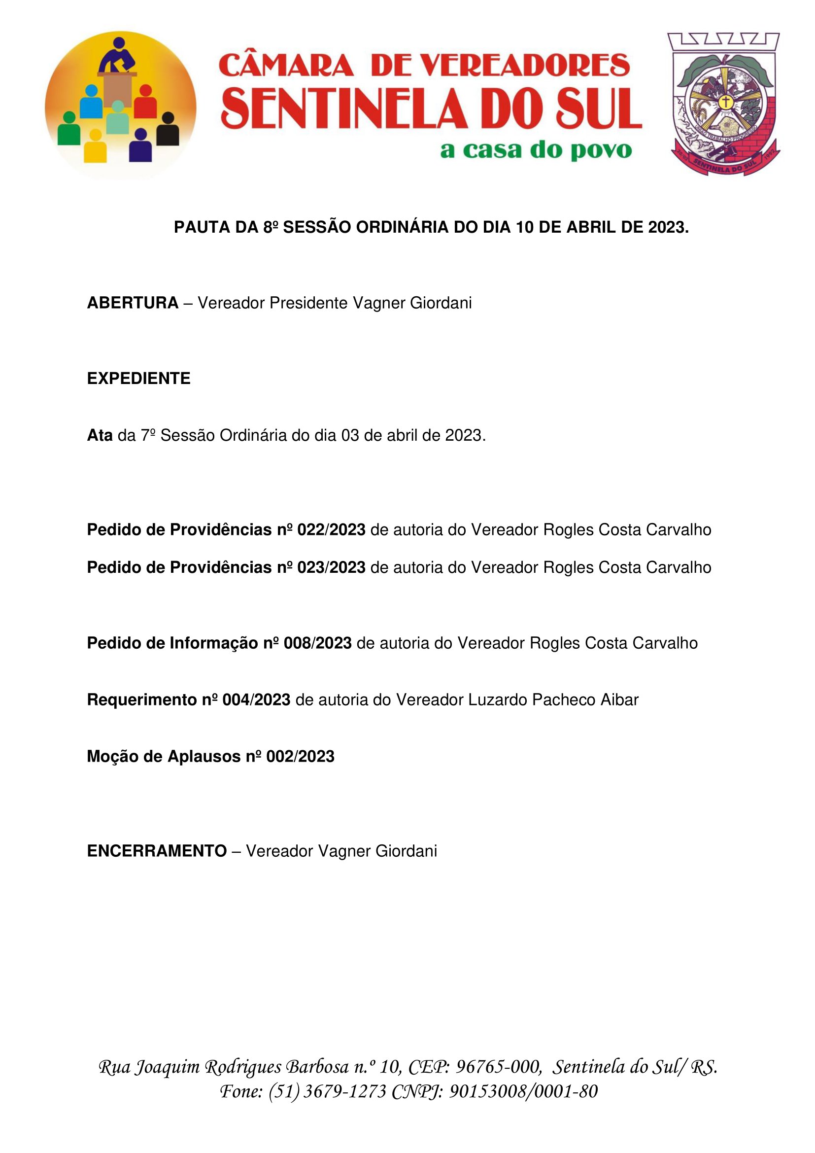 Pauta da 8º Sessão Ordinária do dia 10 de abril de 2023