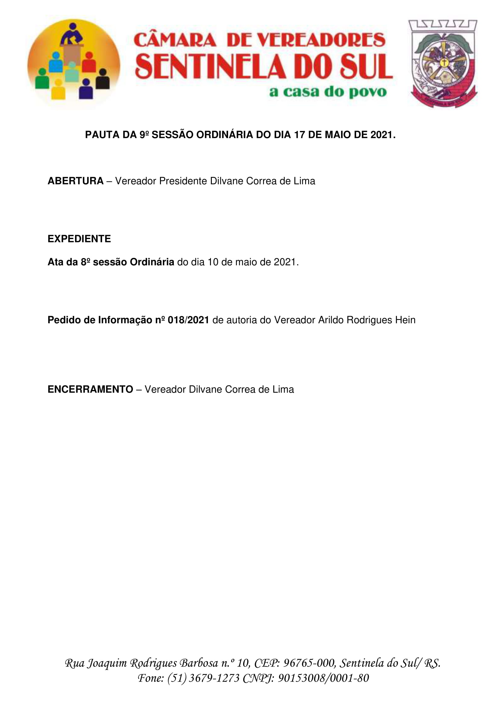 Pauta da 9º Sessão Ordinária do dia 17 de maio de 2021