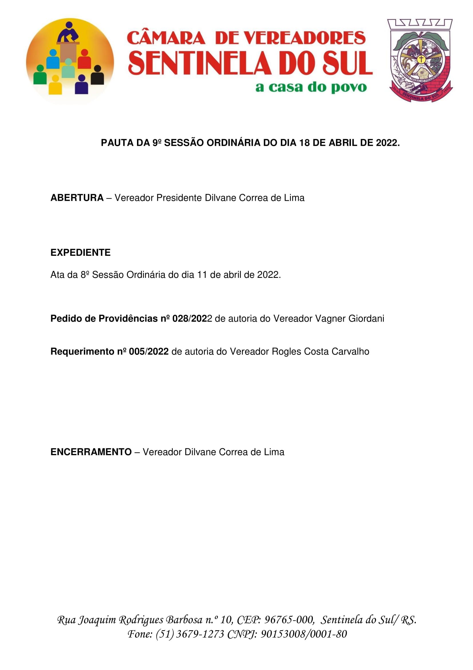 Pauta da 9º Sessão Ordinária do dia 18 de abril de 2022.