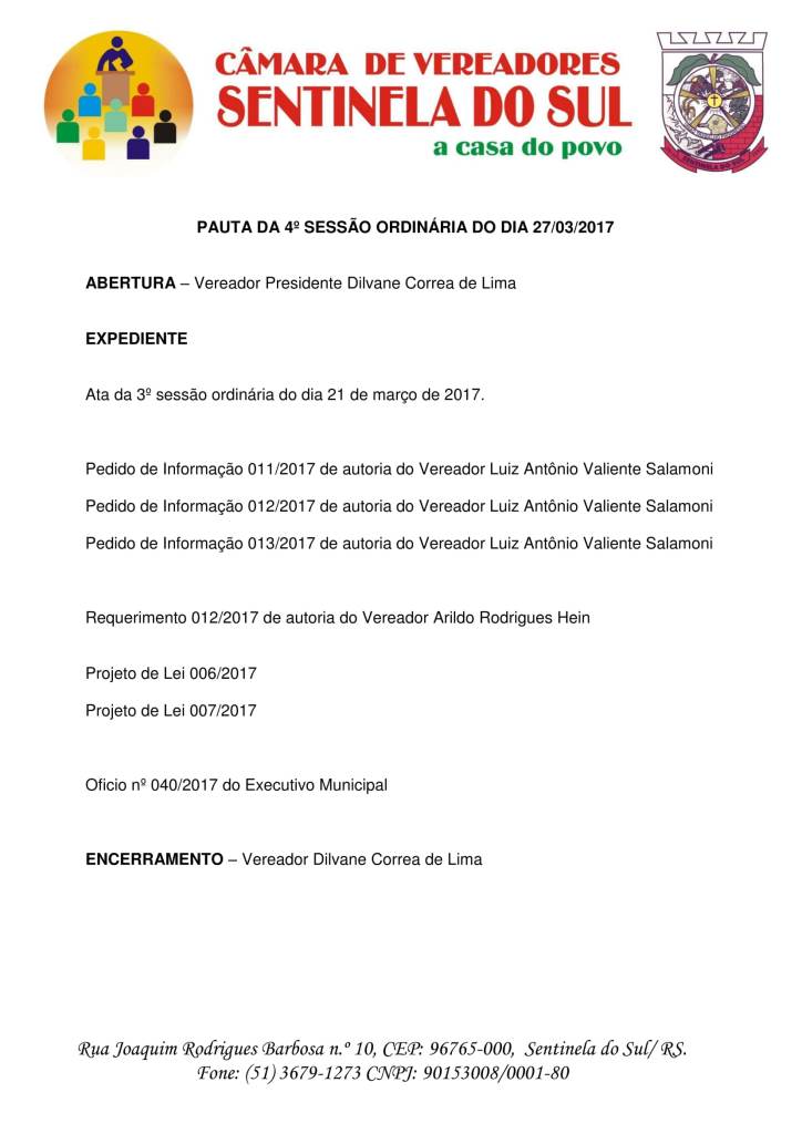 Pauta da Quarta Sessão Ordinária 27 de Março de 2017